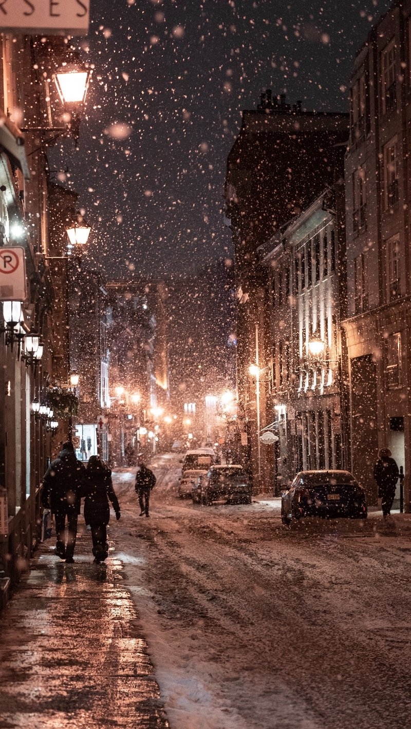 800x1420 Wallpaper Snowfall, People, Street, Night, Evening, Wallpaper Winter Night, Phone