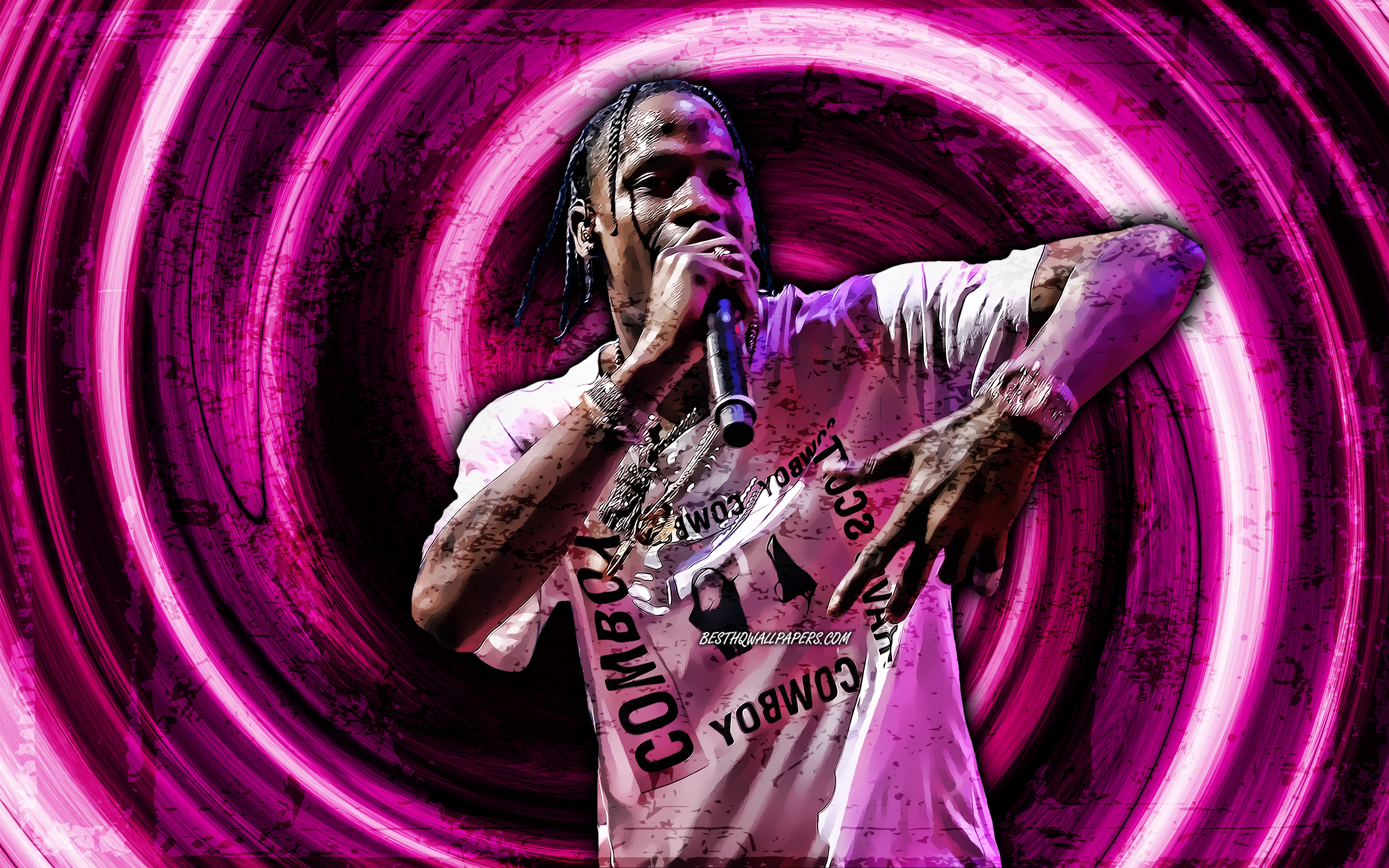 3840x2400 Download wallpaper 4k, Travis Scott, purple grunge background, american rapper, music stars, Travis Scott with microphone, vortex, Jacques Berman Webster II, creative, Travis Scott 4K for desktop with resolution. High Quality, Desktop