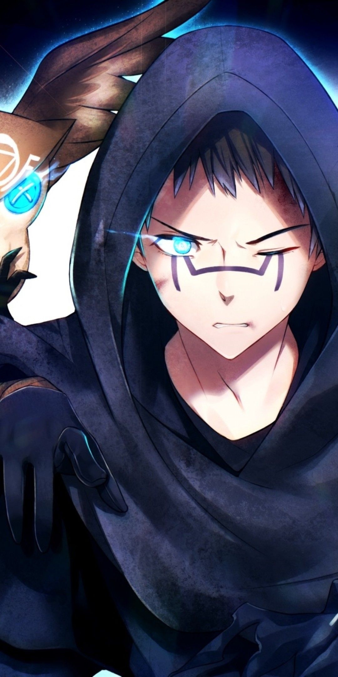 1080x2160 Download  Anime Boy, Owl Eye, Hoodie, Gloves, Spell, Phone