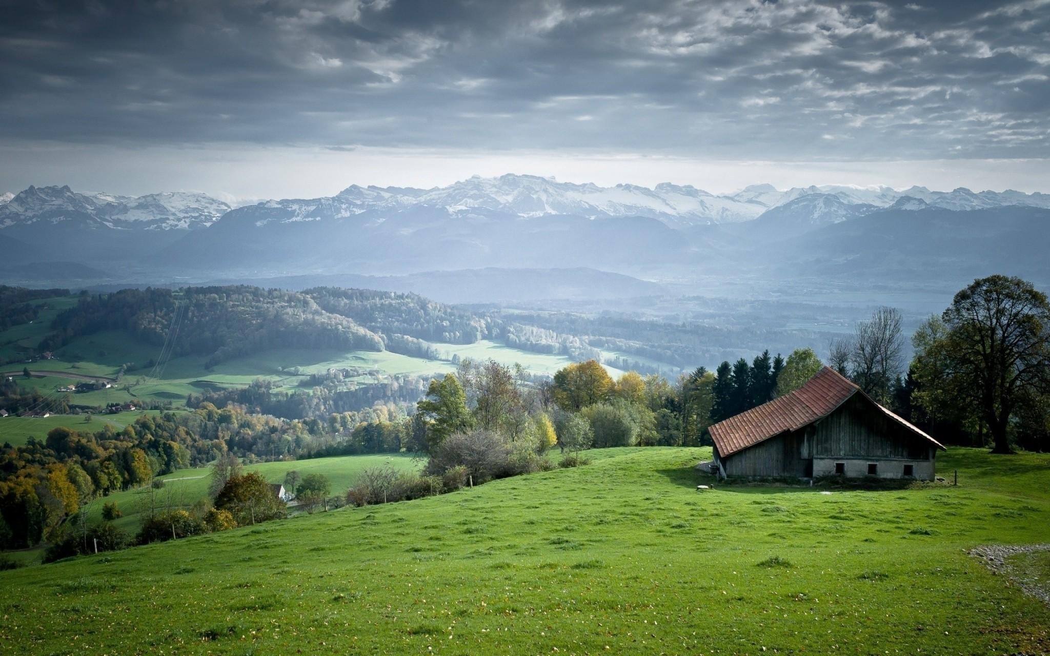 2050x1280 Download  Mountain, Dark Clouds, Grass, Field, Desktop