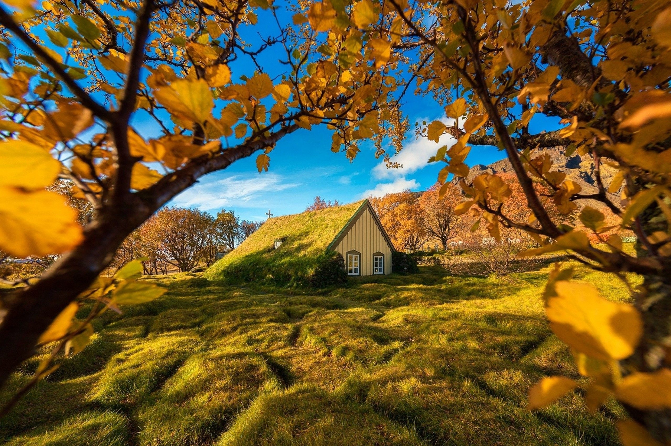 2560x1700 Download  Iceland, Church, Autumn, Fall, Leaves, Field Wallpaper for Chromebook Pixel, Desktop