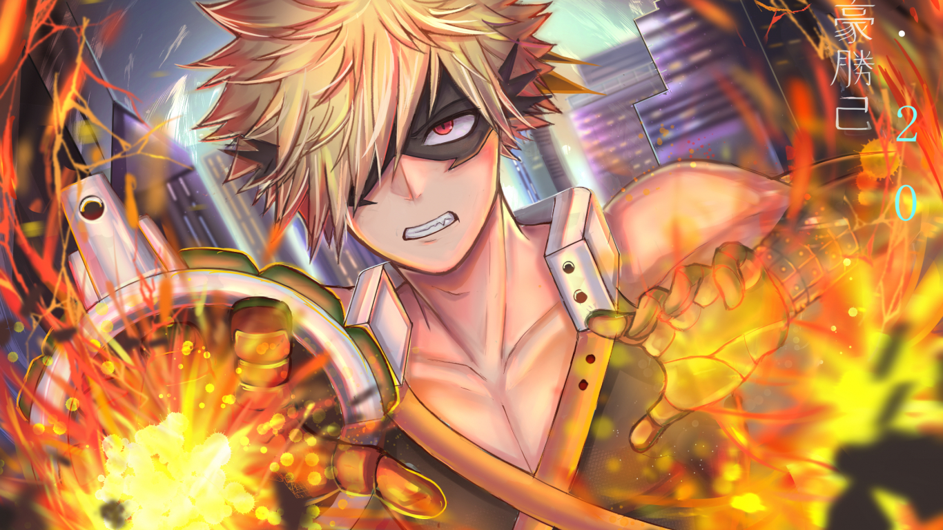 1370x770 Download  Bakugou Katsuki, Boku No Hero Academia, Angry, Flames, Red Eye Wallpaper for Laptop, Notebook, Desktop