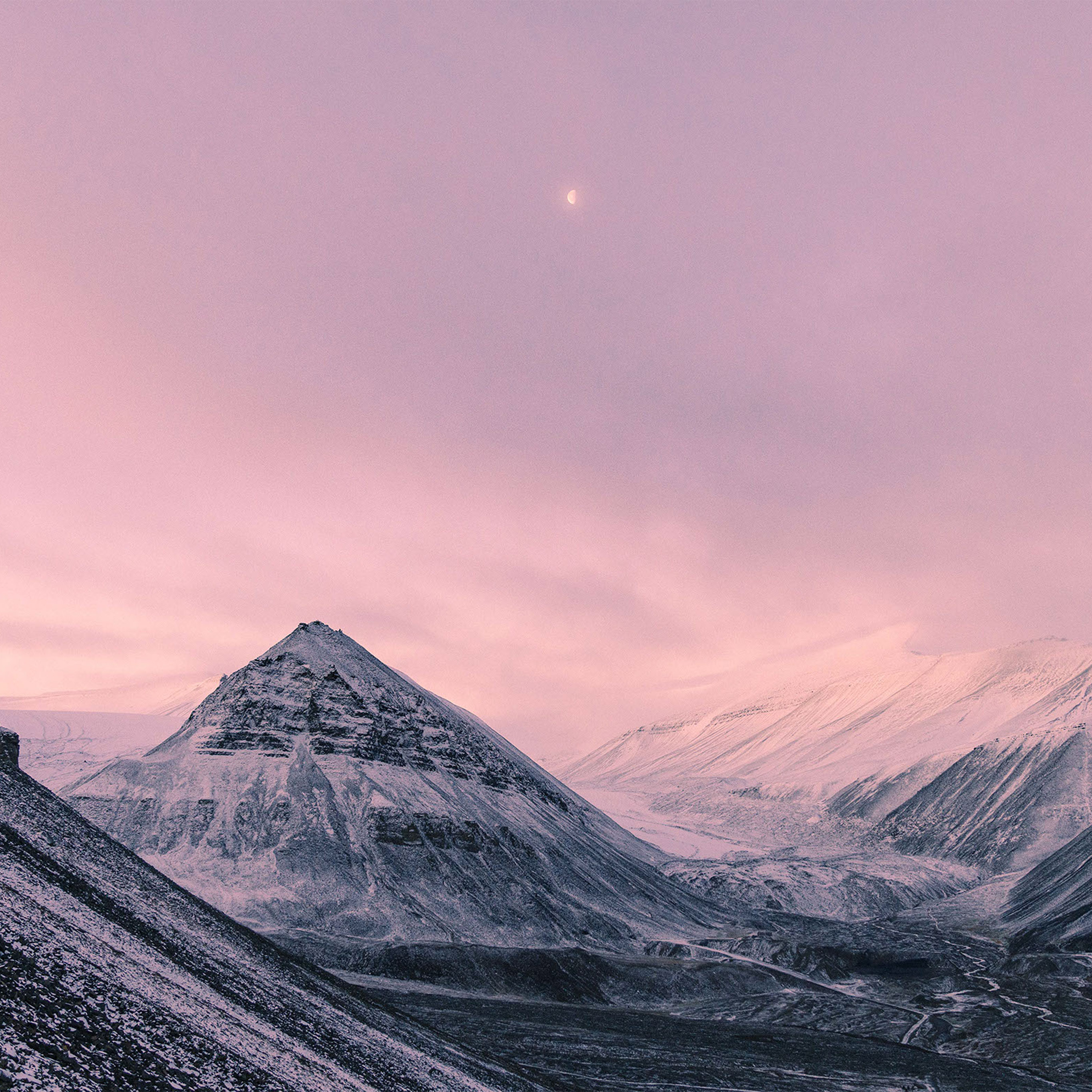 2740x2740 Snow Winter Moon Mountain Nature Pink Wallpaper, Phone