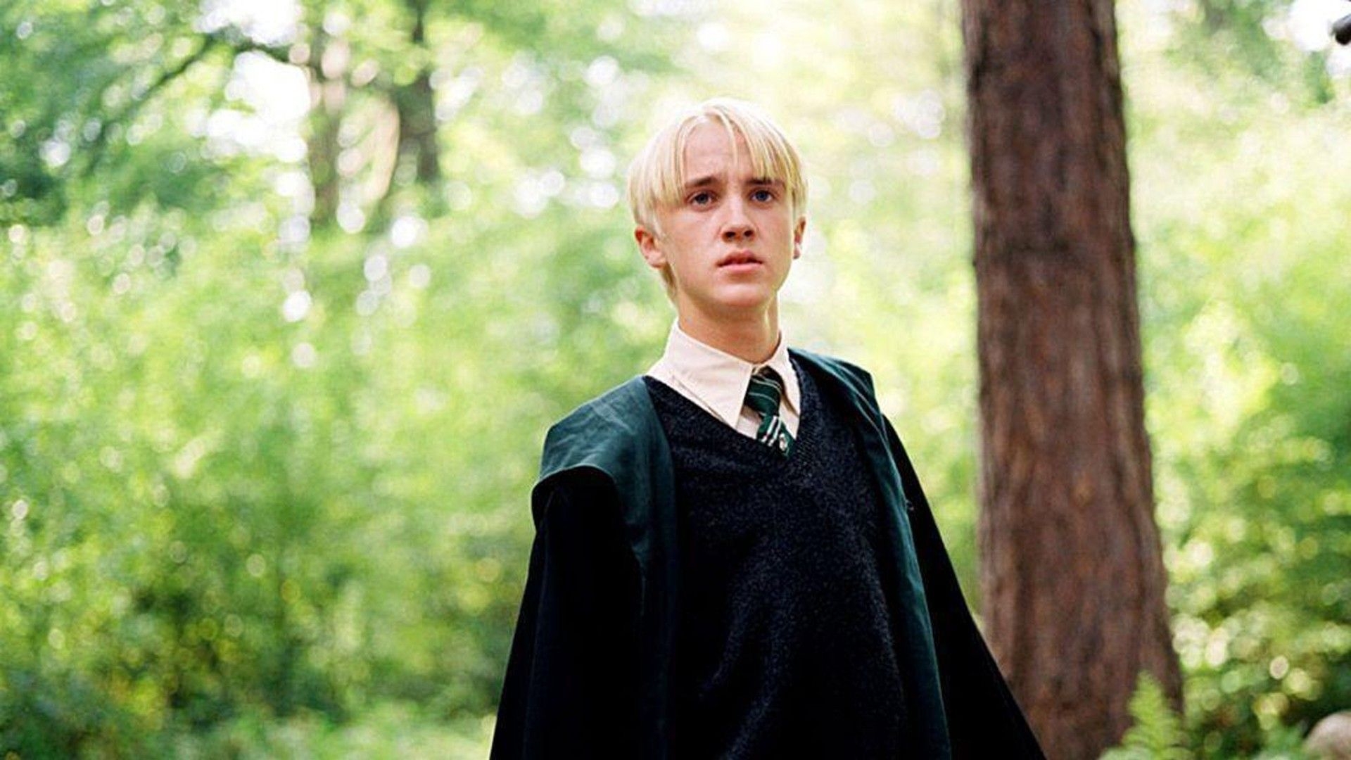 1920x1080 Draco Malfoy In Blur Forest Background Wearing Green Dress HD Draco Malfoy Wallpaper, Desktop