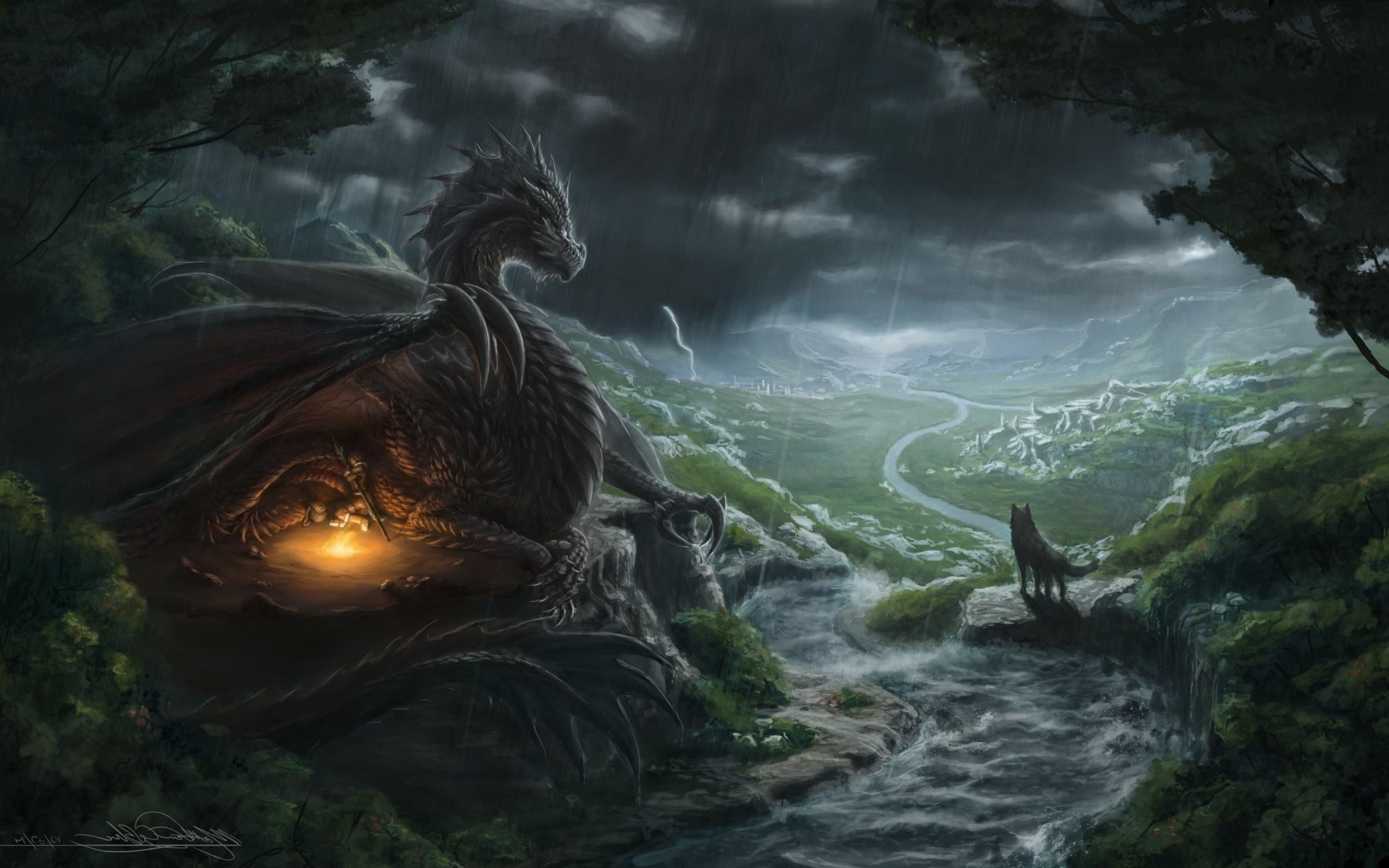 2560x1600 fantasy Art, Dragon, Wolf, River Wallpaper HD / Desktop and Mobile, Desktop