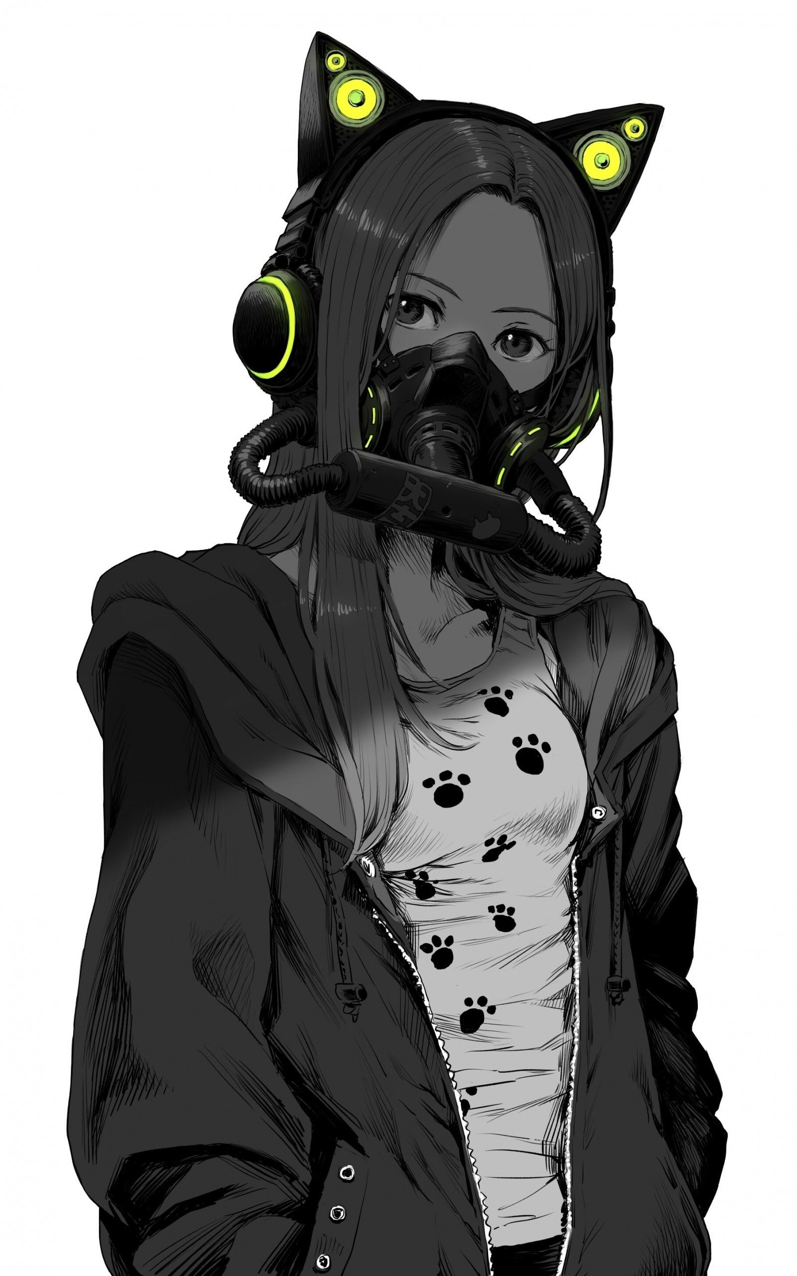 1600x2560 Download  Anime Girl, Mask, Jacket, Black And White, Phone