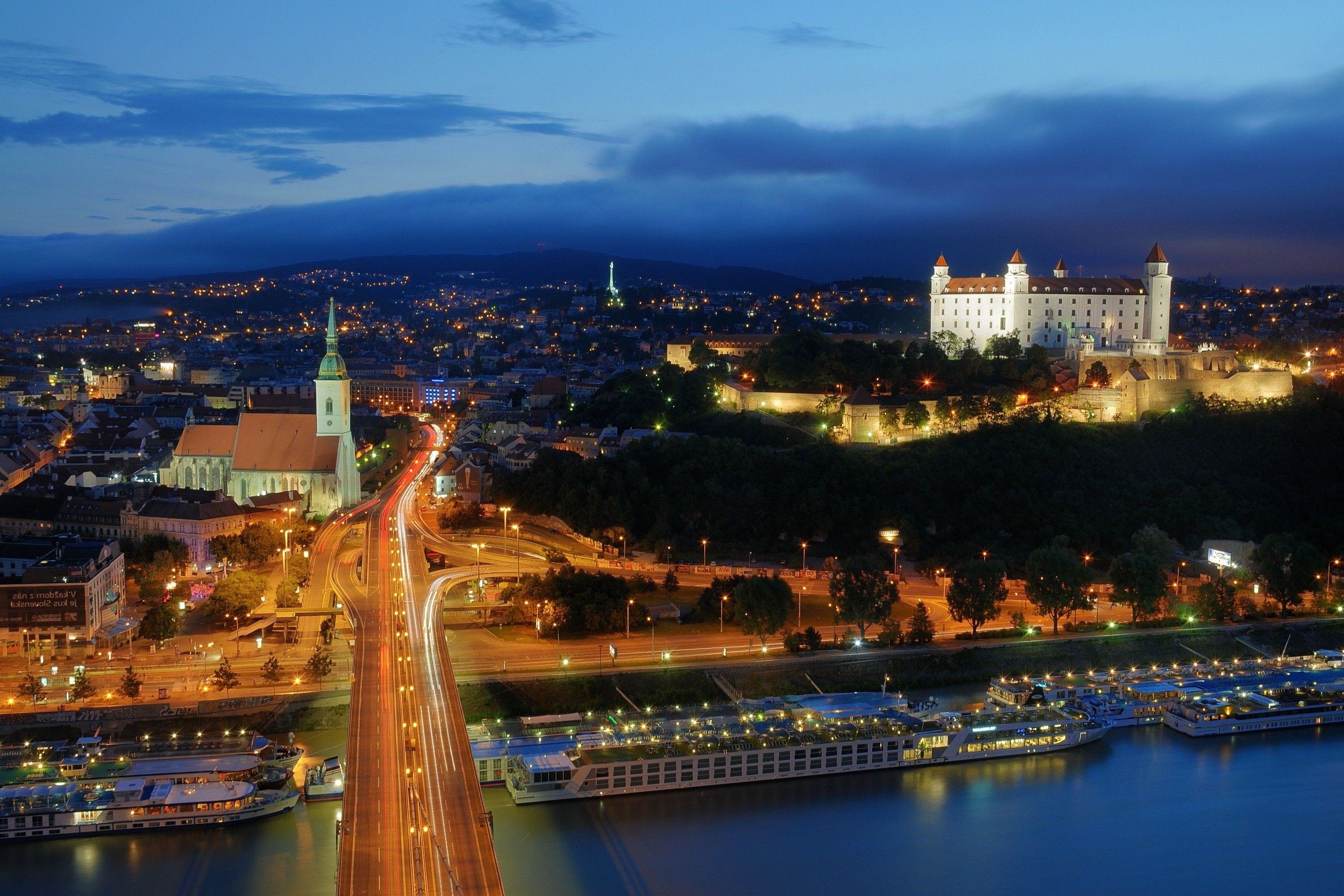 3000x2000 architecture, Castle, Clouds, Water, Lights, Tower, Night, Bridge, Desktop