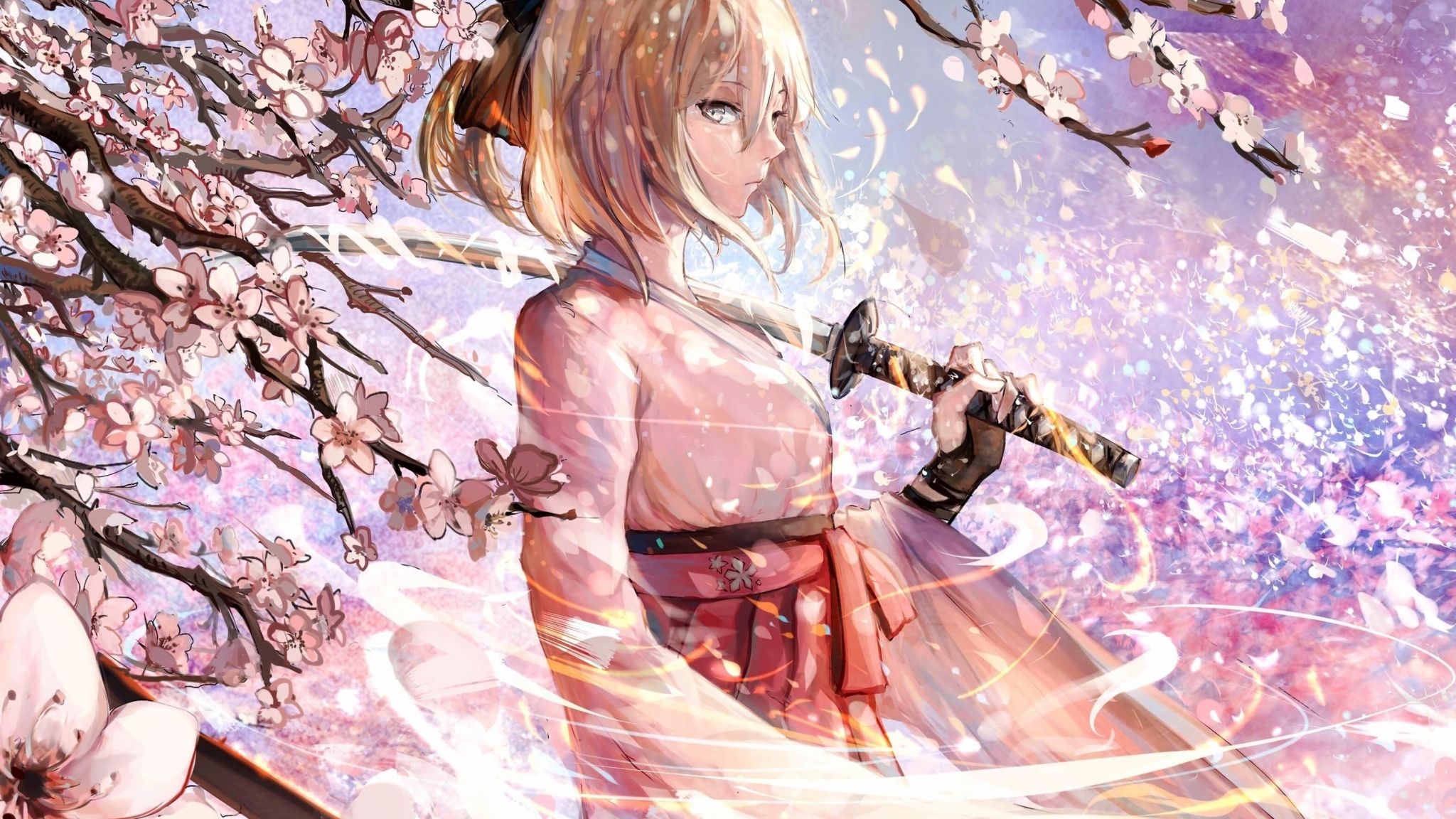 2050x1160 Download  wallpaper sakura saber, katana, cherry blossom, Desktop