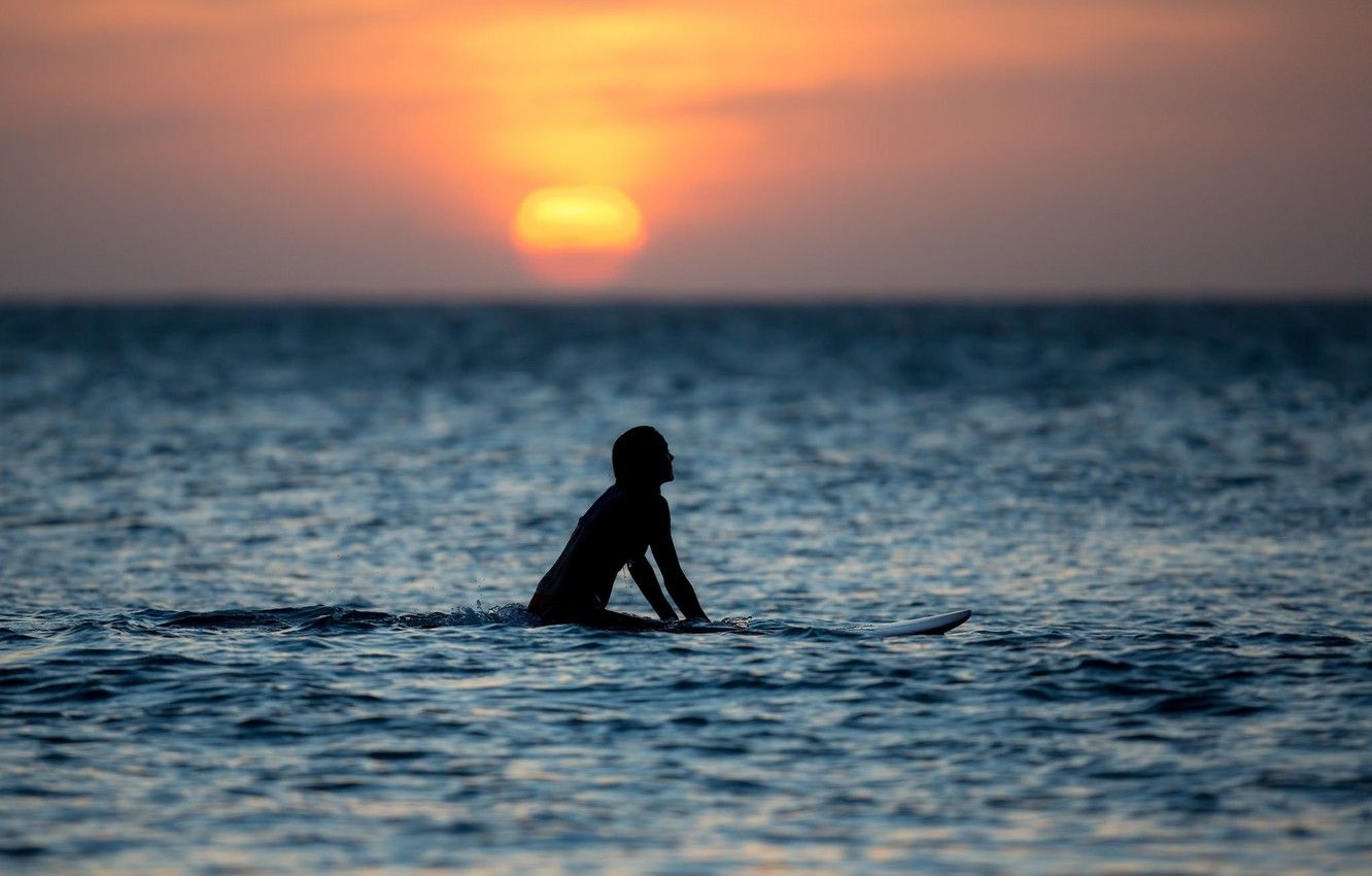 1340x850 Wallpaper sea, girl, sunset, horizon, surfing, girl, sea, sunset, surf, horizon image for desktop, section пейзажи, Desktop