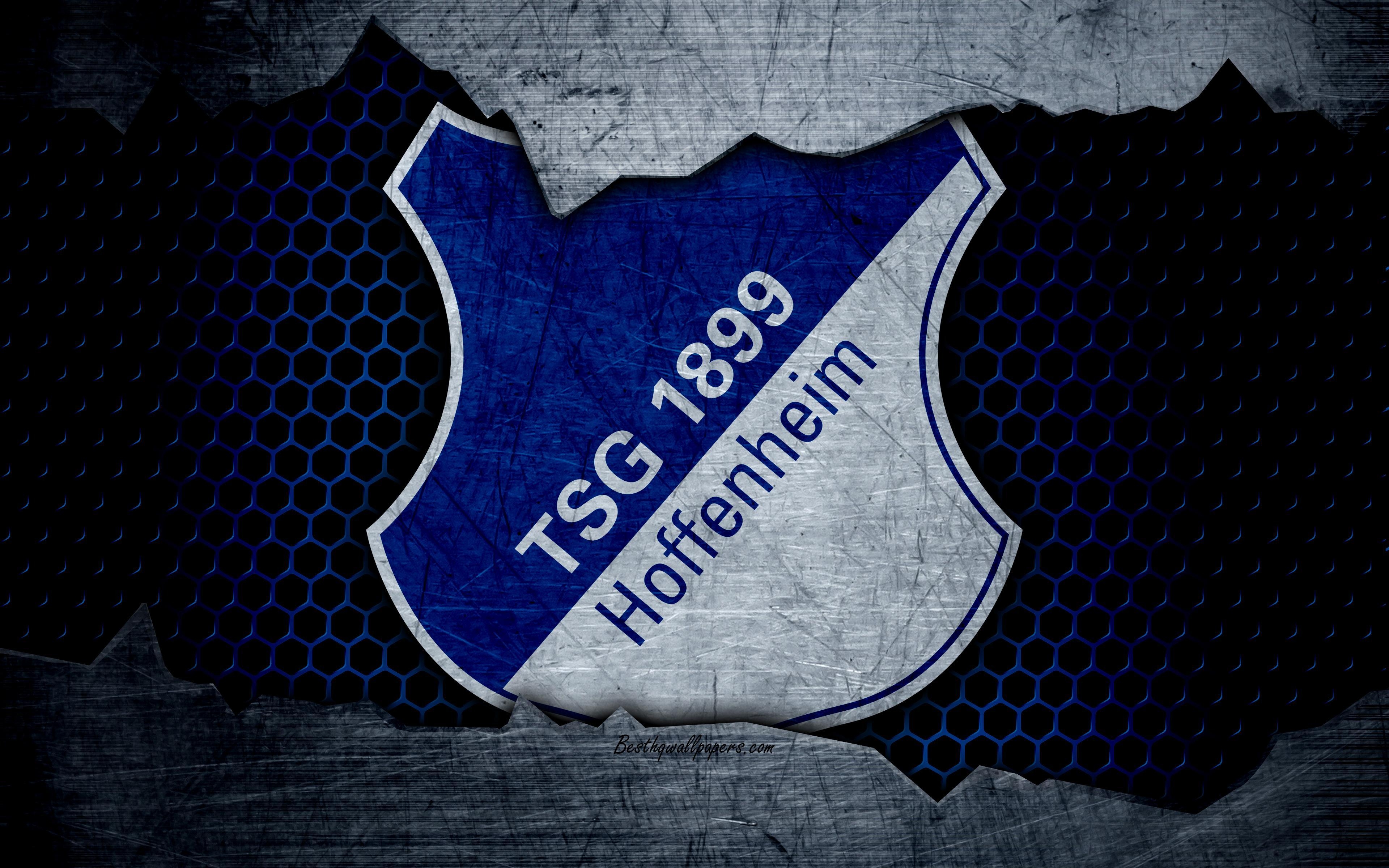 3840x2400 Download wallpaper Hoffenheim, 4k, logo, Bundesliga, metal texture, Desktop