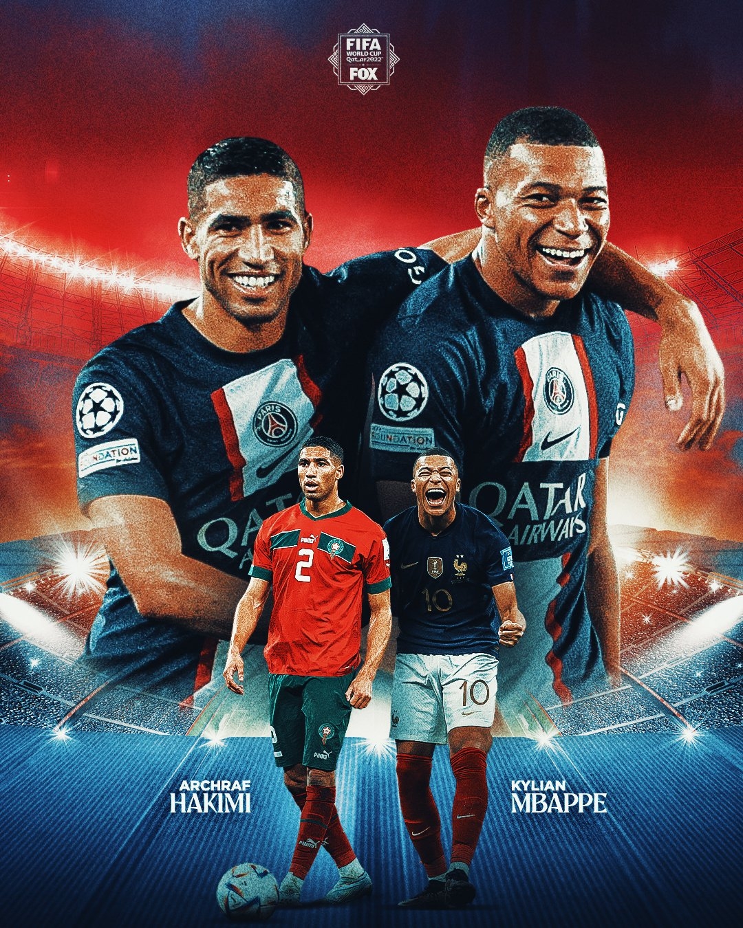 1080x1350 FOX Soccer turn to foes ⚔️ PSG teammates Mbappe and Hakimi will face off with a chance to secure a spot in the FIFA World Cup final, Phone