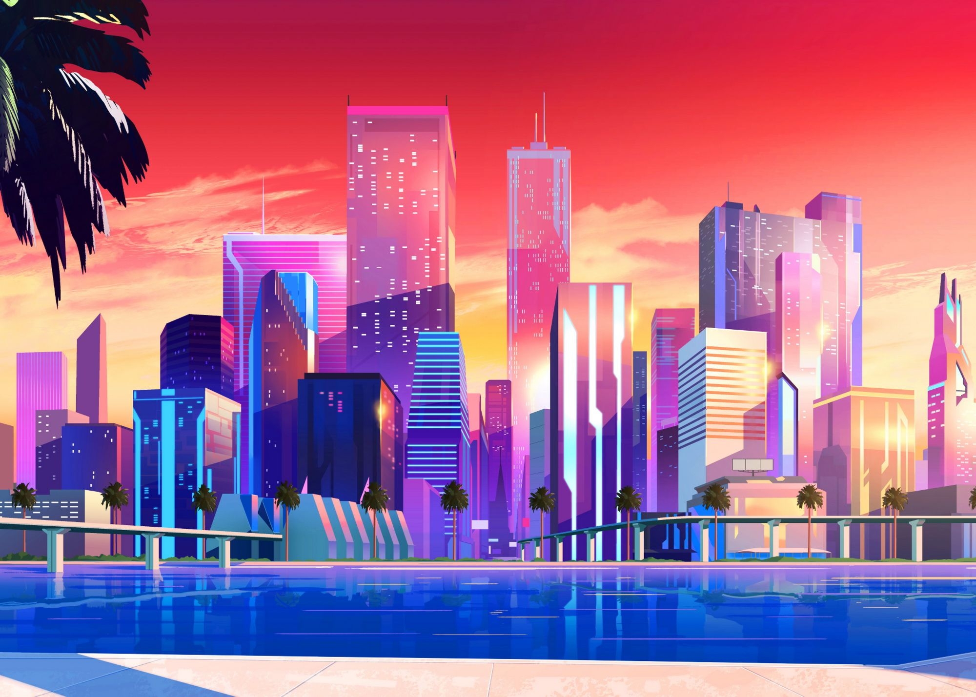 2000x1430 Vice City' Poster by Synthwave 1950. Displate. City wallpaper, Cityscape wallpaper, Synthwave, Desktop