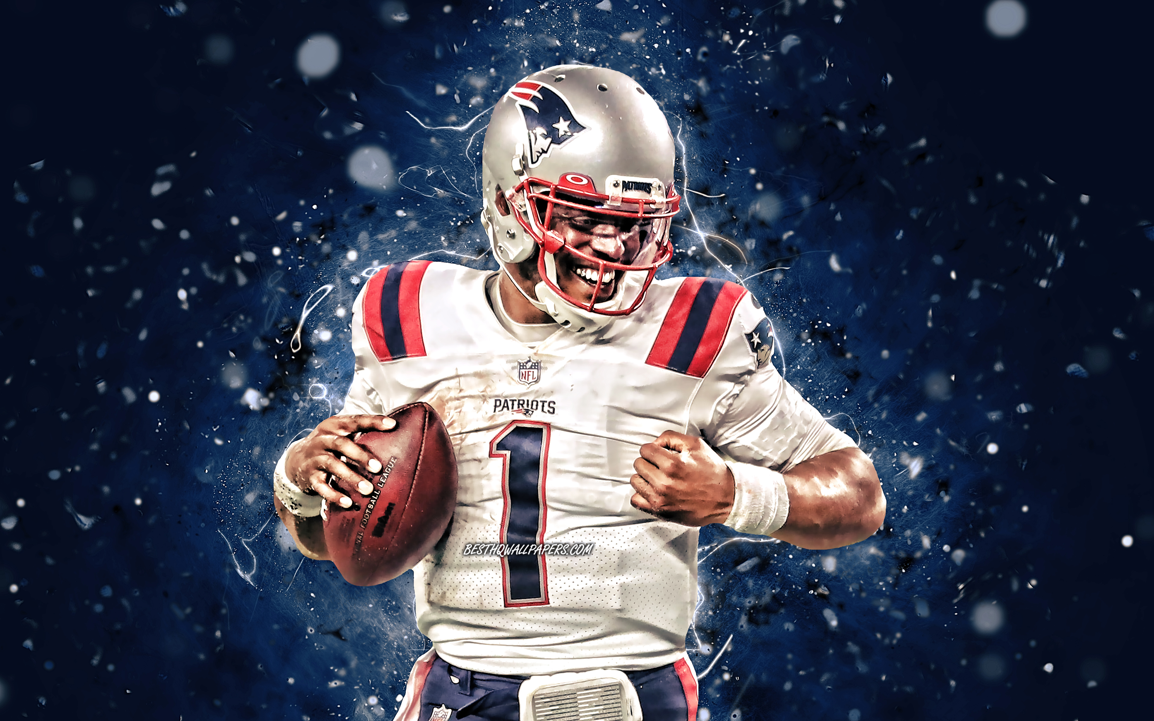 3840x2400 Download wallpaper Cam Newton, 4k, quarterback, New England Patriots, american football, Cameron Jerrell Newton, NFL, blue neon lights, Cam Newton New England Patriots, Cam Newton 4K for desktop with resolution. High, Desktop