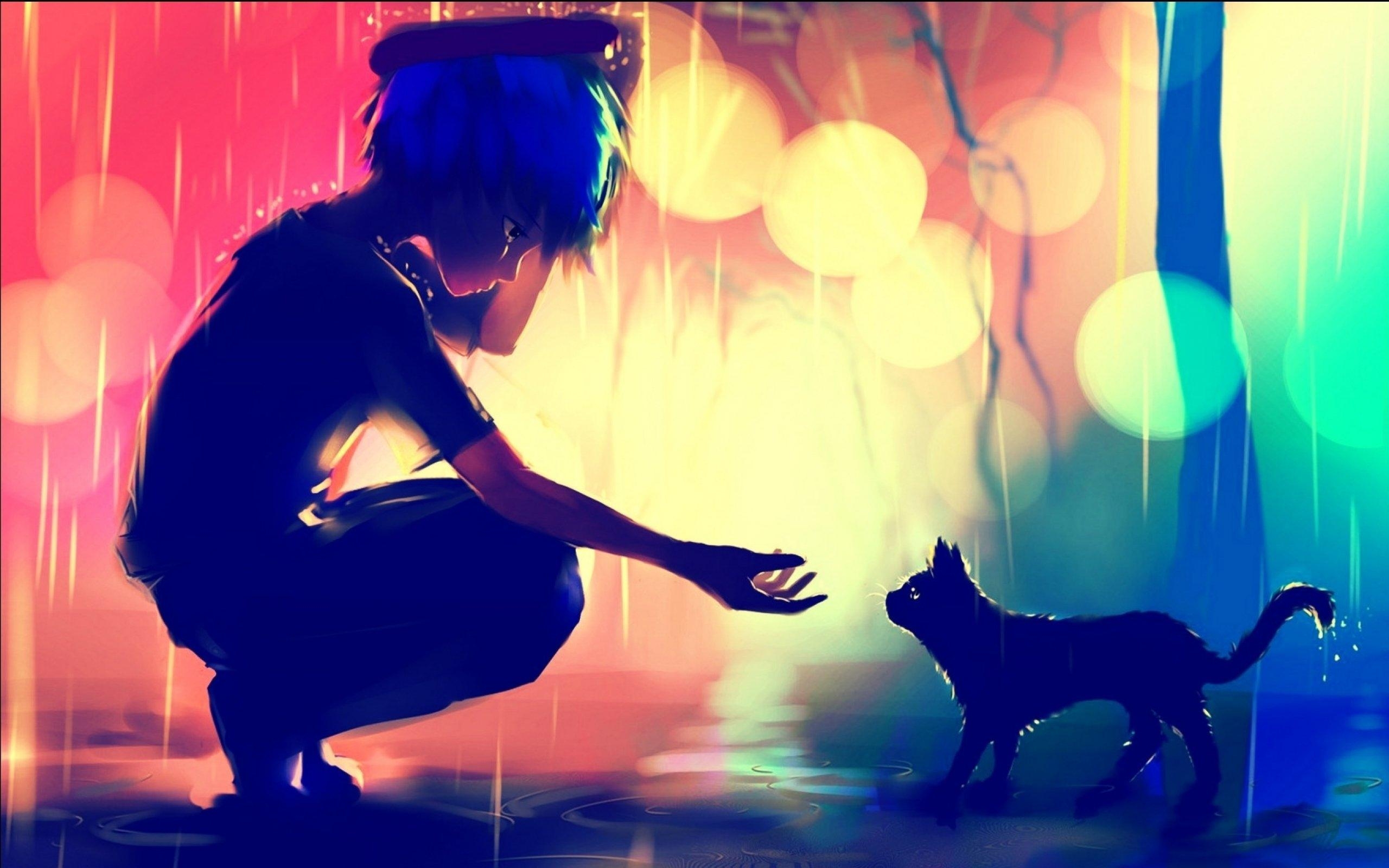 2560x1600 Download  Anime Boy, Cat, Sadness, Profile View, Bokeh, Desktop