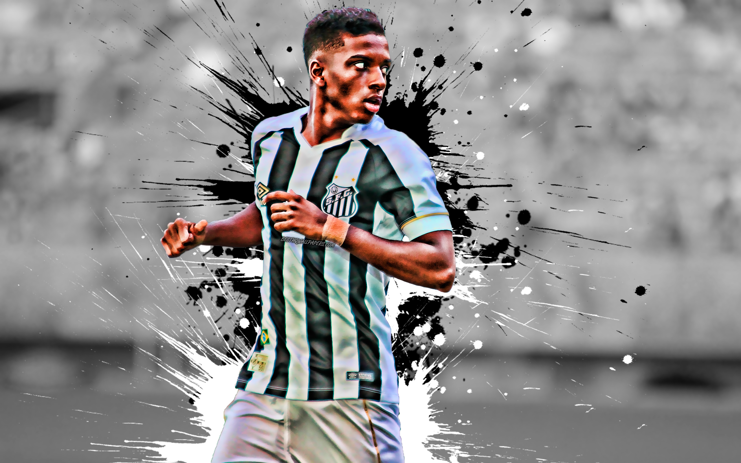 2560x1600 Download wallpaper Rodrygo, 4k, Brazilian football player, Santos FC, striker, white black paint splashes, creative art, Serie A, Brazil, football, Rodrygo Silva de Goes for desktop with resolution. High Quality HD, Desktop