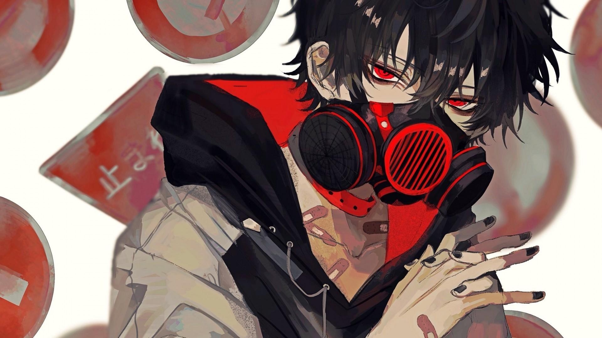 1920x1080 Download  Anime Boy, Gas Mask, Red Eyes, Black Hair, Hoodie Wallpaper for Widescreen, Desktop