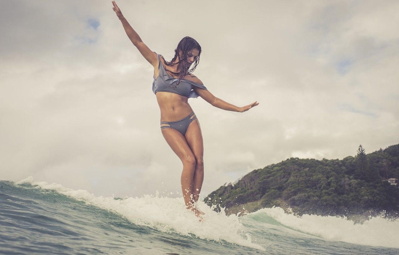 1340x850 Wallpaper girl, the ocean, wave, Surfing image for desktop, section спорт, Desktop