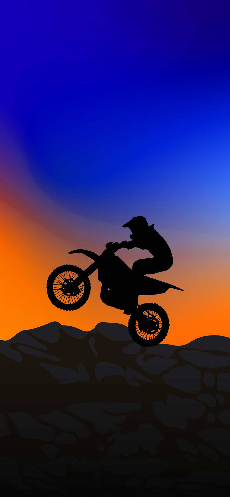 890x1920 Download Caption: Extreme Thrill bike silhouette taking flight at sunset Wallpaper, Phone