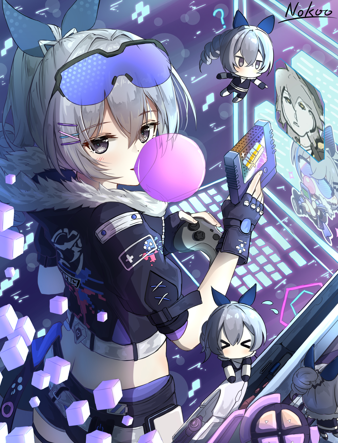 1340x1760 Wallpaper, anime girls, portrait display, bubblegum, looking at viewer, cube, Honkai Star Rail, Silver Wolf Honkai Star Rail, fingerless gloves, controllers, chibi, Phone