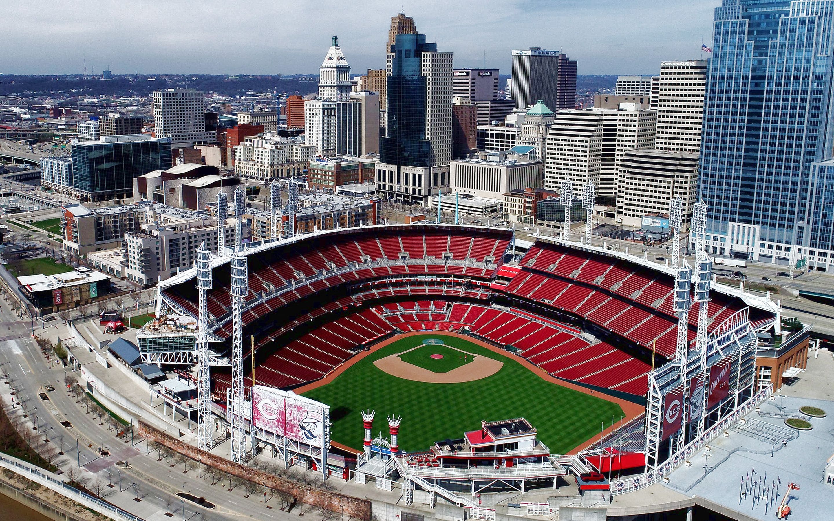 2880x1800 Download wallpaper Great American Ball Park, baseball stadium, Cincinnati Reds stadium, Cincinnati, Ohio, MLB, baseball, Cincinnati cityscape, skyscrapers, Cincinnati Reds, Major League Baseball, USA for desktop with resolution. High Quality HD, Desktop