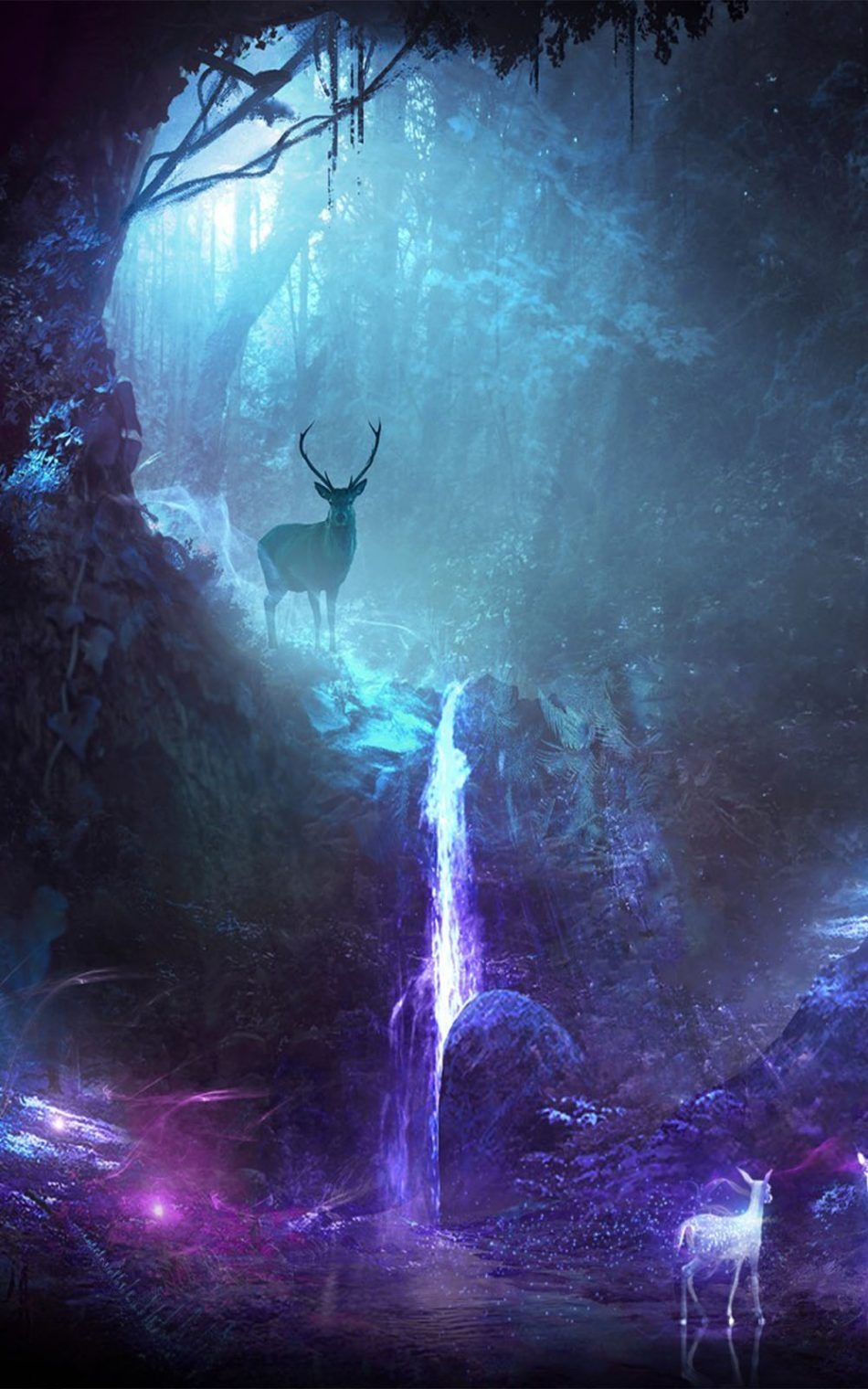 950x1520 Deers Waterfall Neon CGI 4K Ultra HD Mobile Wallpaper, Phone