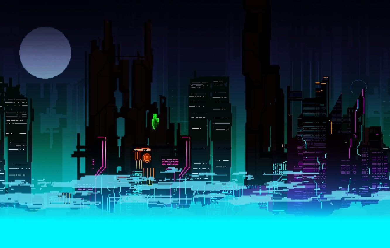 1340x850 Wallpaper The city, Future, The moon, Skyscrapers, Pixels, 8Bit, Desktop