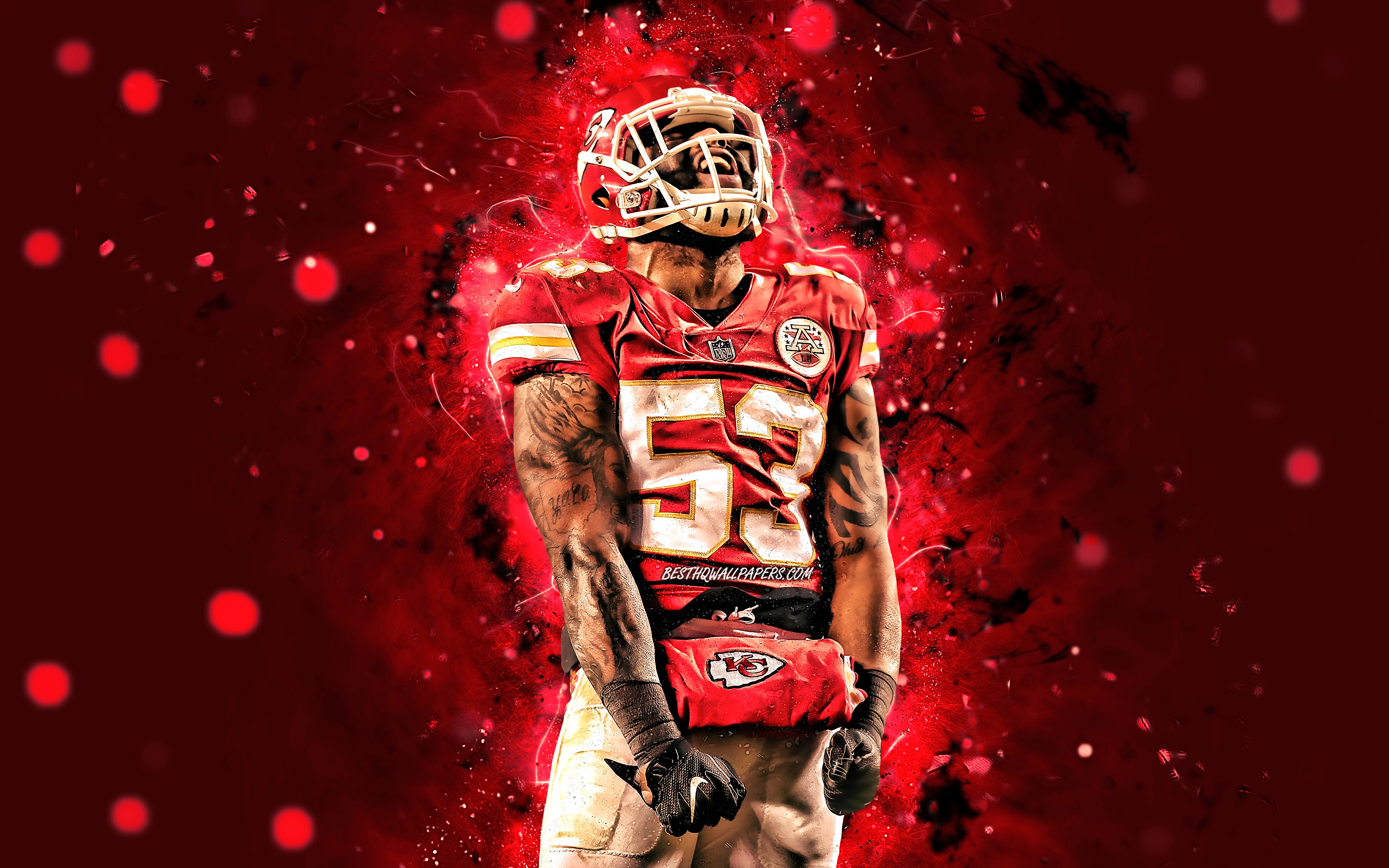 3840x2400 Download wallpaper Anthony Hitchens, 4K, linebacker, Kansas City Chiefs, american football, NFL, National Football League, KC Chiefs, Anthony Hitchens 4K, red neon lights, Anthony Hitchens KC Chiefs for desktop with resolution, Desktop