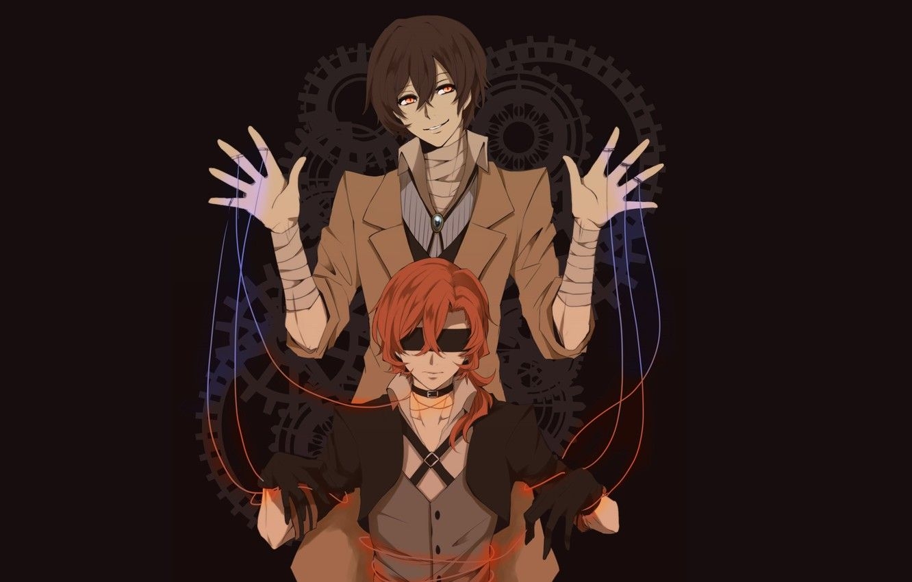 1340x850 Wallpaper guys, black background, sestrenki, Bungou Stray Dogs, Desktop