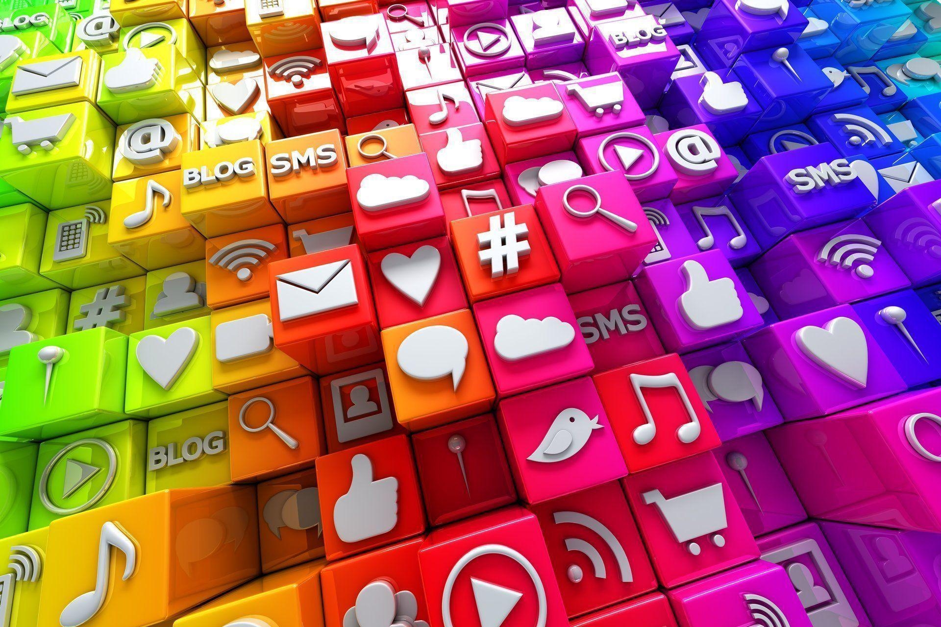 1920x1280 social media icons 3D cubes colorful blocks icons social networks, Desktop