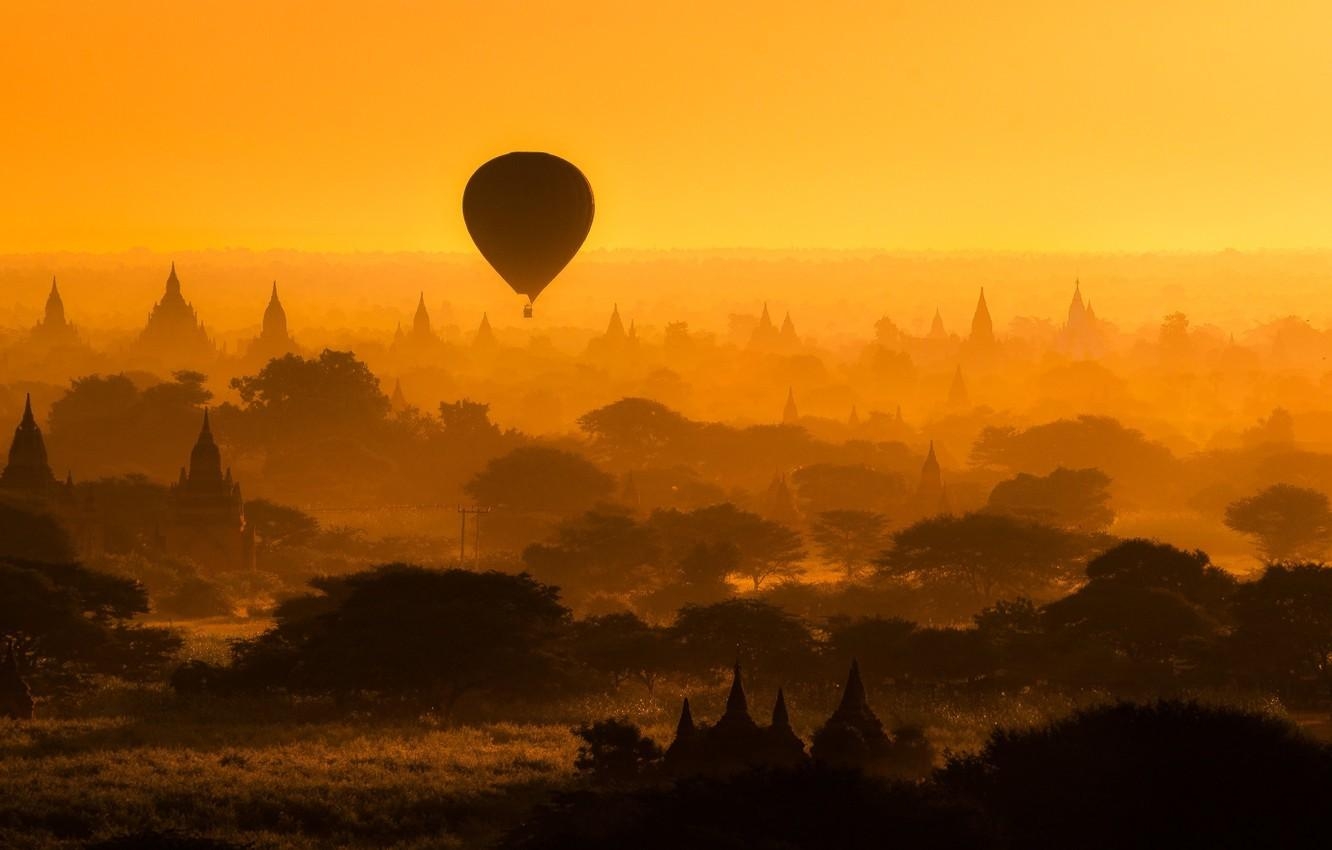 1340x850 Wallpaper trees, balloon, architecture, silhouettes, temples, Desktop