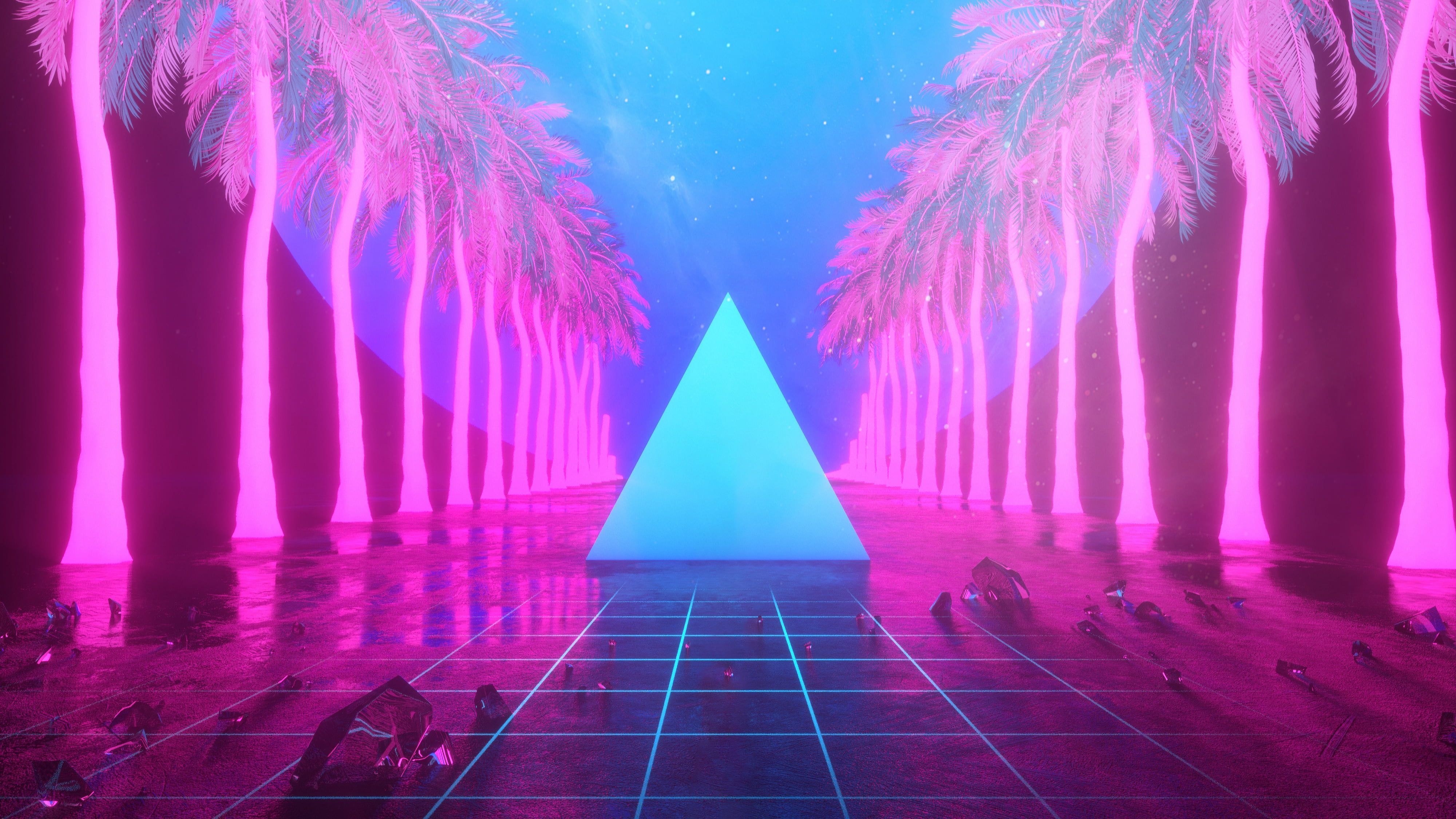 4000x2250 abstract #pyramid Retro style #reflection palm trees #stars, Desktop