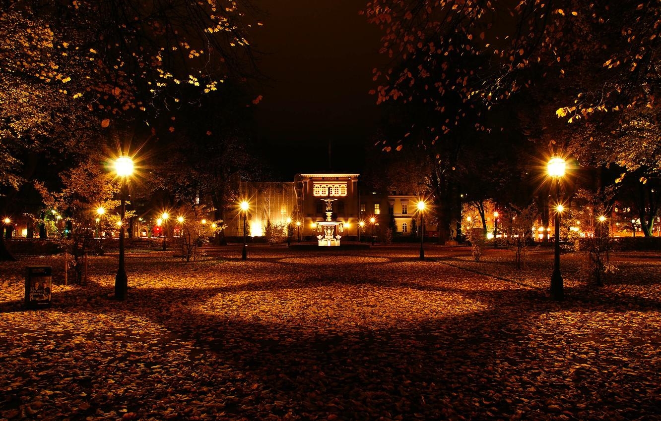 1340x850 Wallpaper Night, Autumn, Lights, Park, Sweden, Fall, Foliage, Desktop