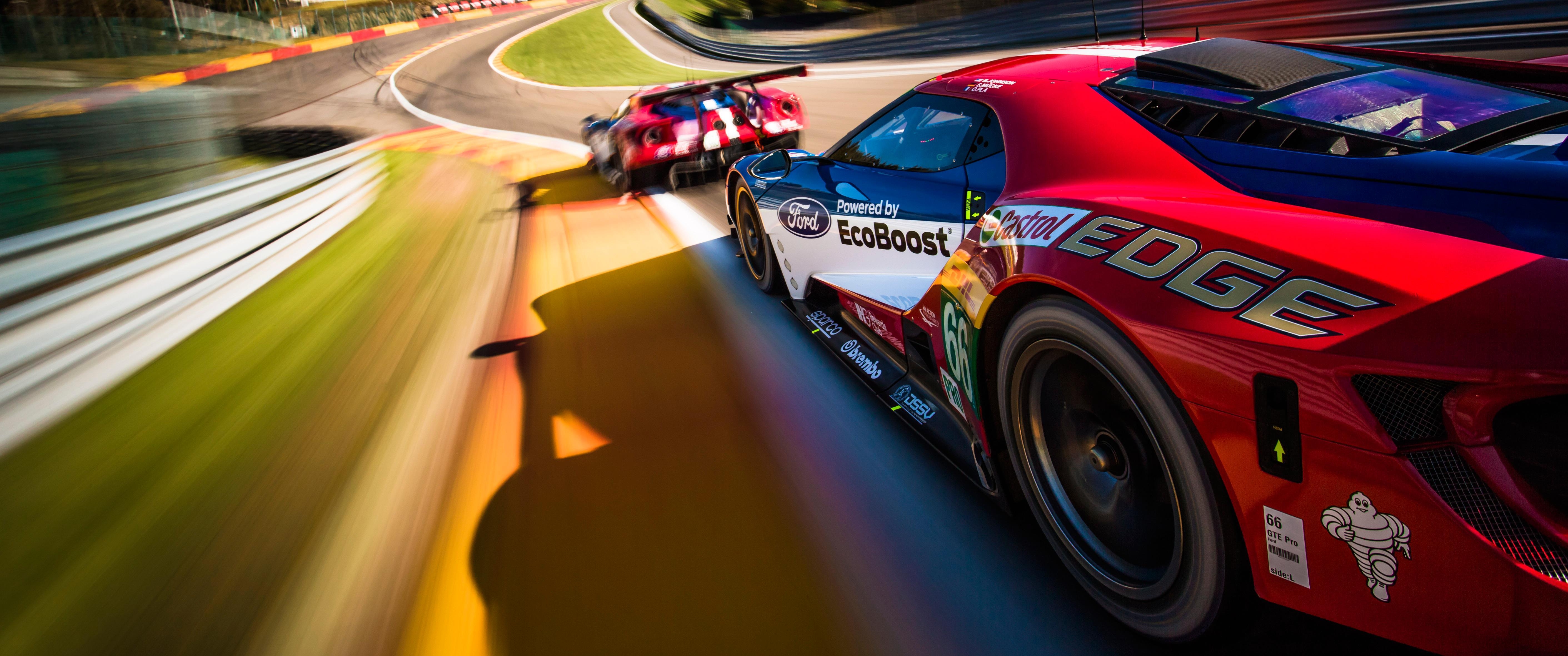 5650x2370 Wallpaper for those who are into Racing: Ford GTs Spa, Dual Screen