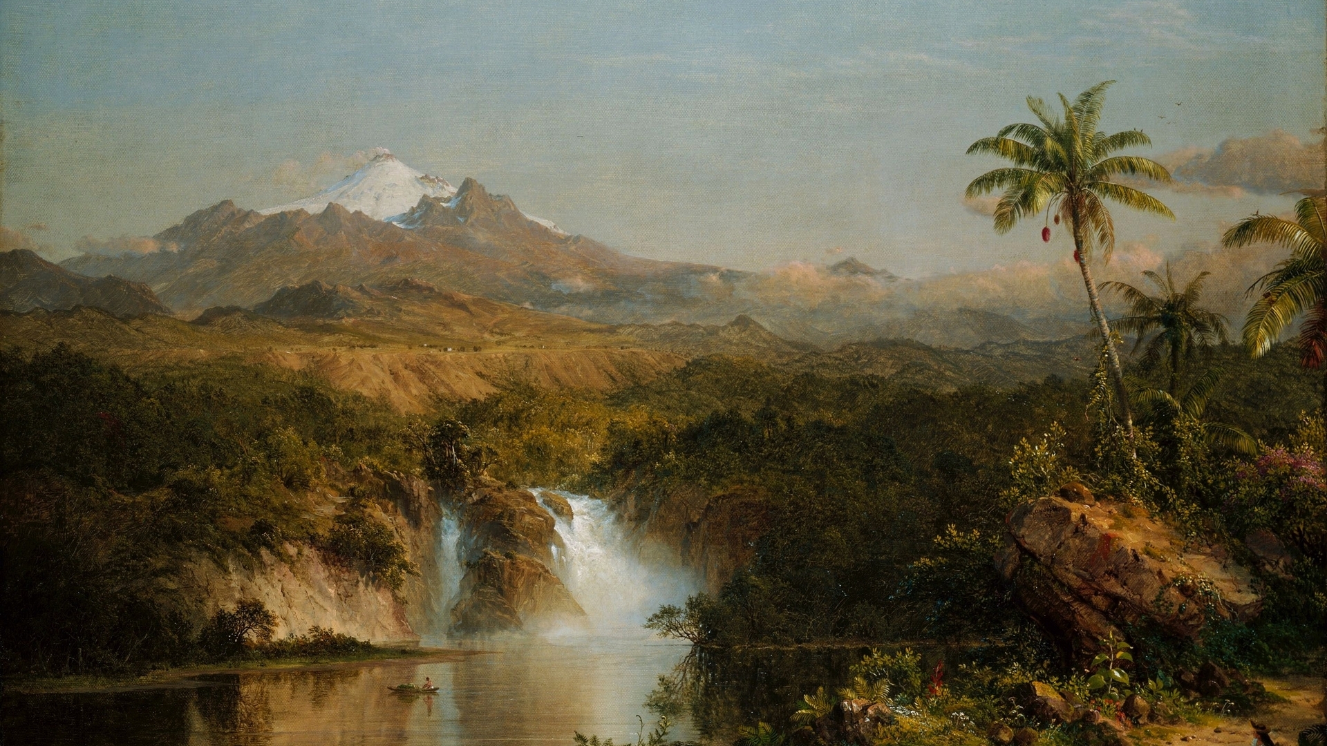 1920x1080 Wallpaper / art, frederic edwin church, luminos, painting, waterfall, pictura, view of cotopaxi, palm tree free download, Desktop