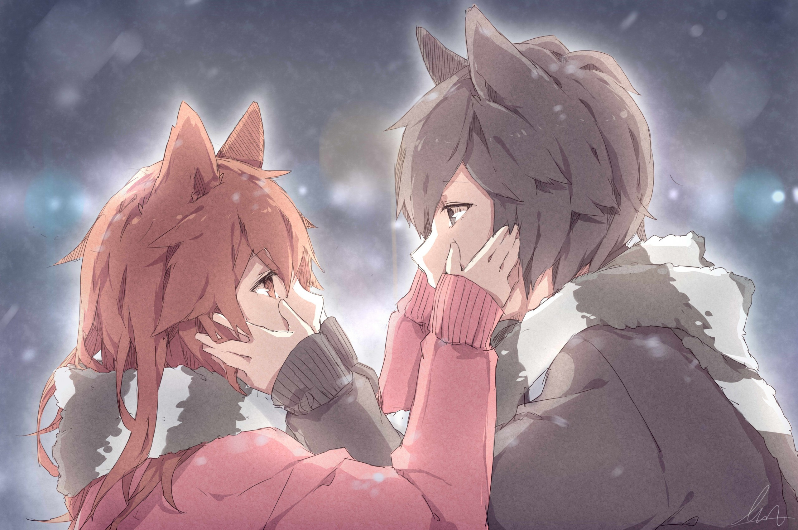 2560x1700 Download  Anime Couple, Animal Ears, Romantic, Profile View Wallpaper for Chromebook Pixel, Desktop