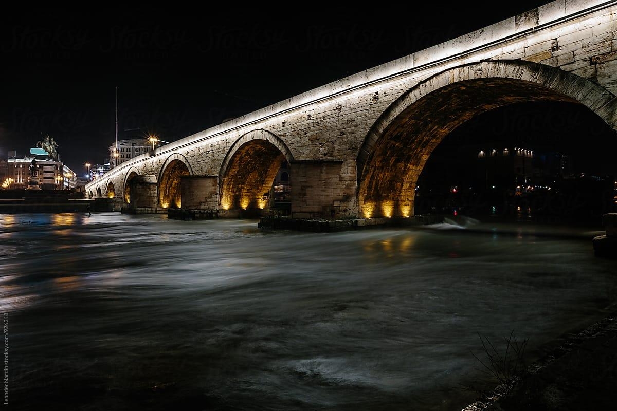 1200x800 Night Shot Of The Stone Bridge In Skopje, Macedonia, Desktop