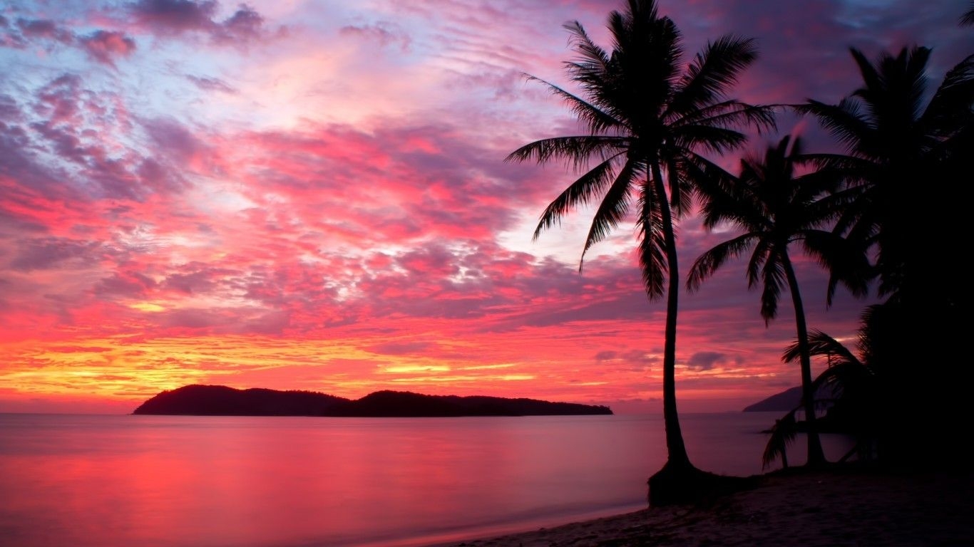 1370x770 Download  Malaysia, Sunset, Beach, Palms, Island, Red Sky, Clouds Wallpaper for Laptop, Notebook, Desktop