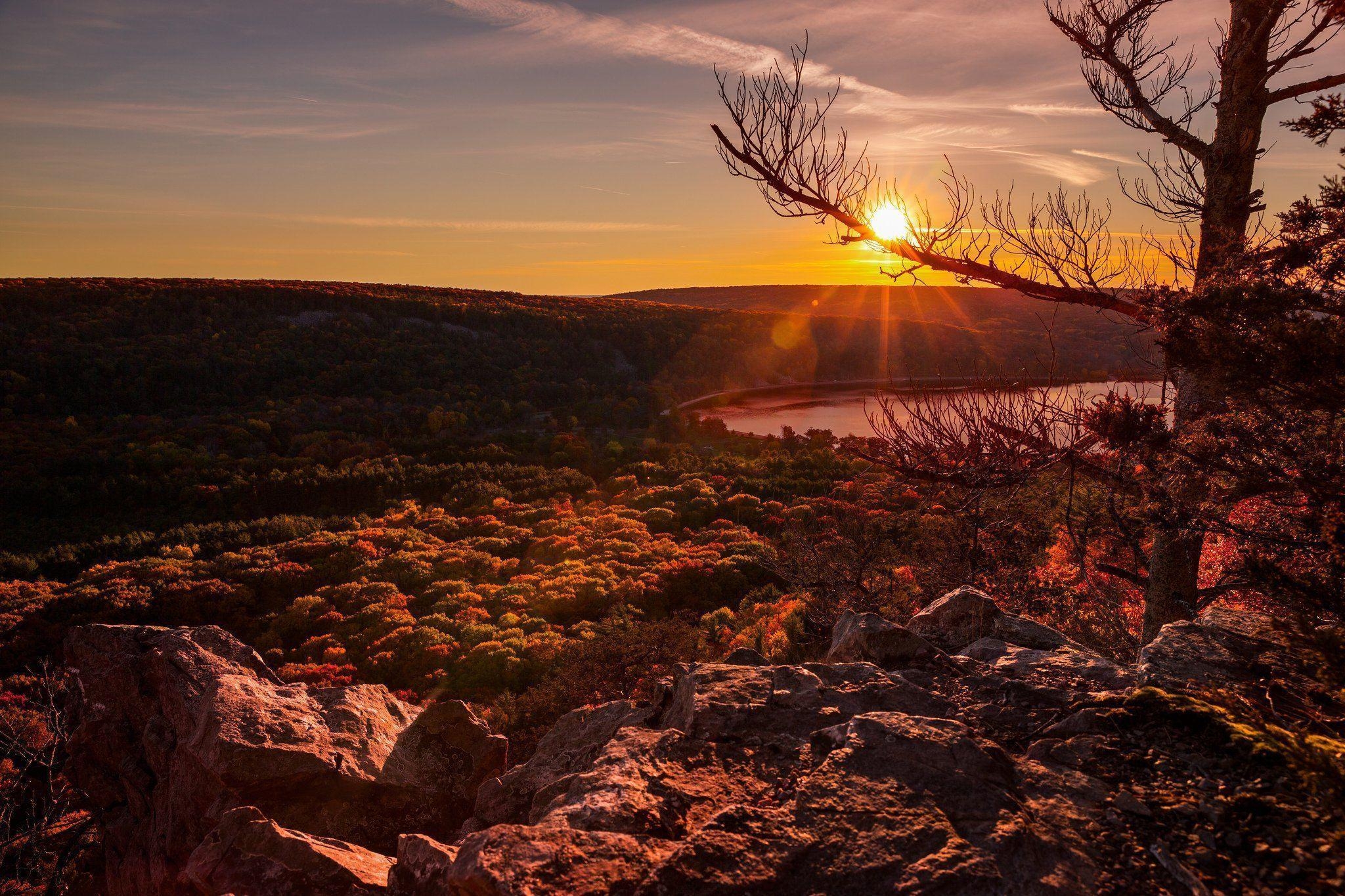 2050x1370 Trees sunset Wisconsin United States Devils Lake wallpaper, Desktop