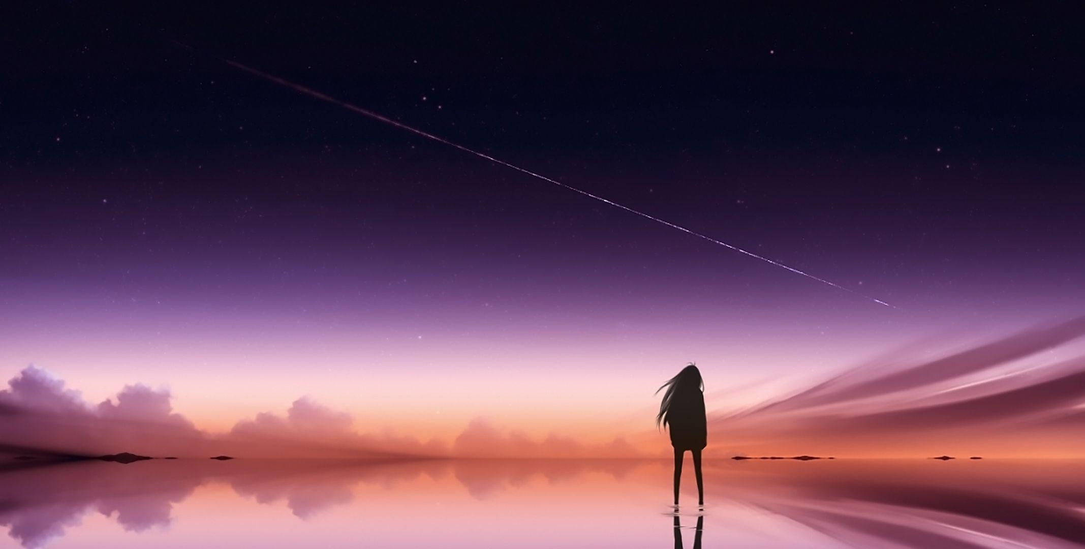 2140x1080 Anime Pink Sky Standing Alone, HD Anime, 4k Wallpaper, Image, Desktop