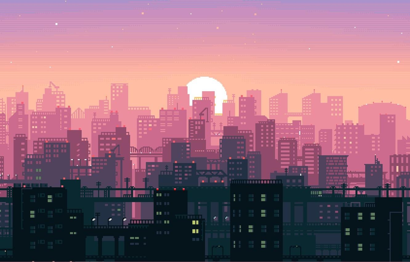 1340x850 Wallpaper Sunset, The sun, Music, The city, Pixels, Synthpop, Desktop