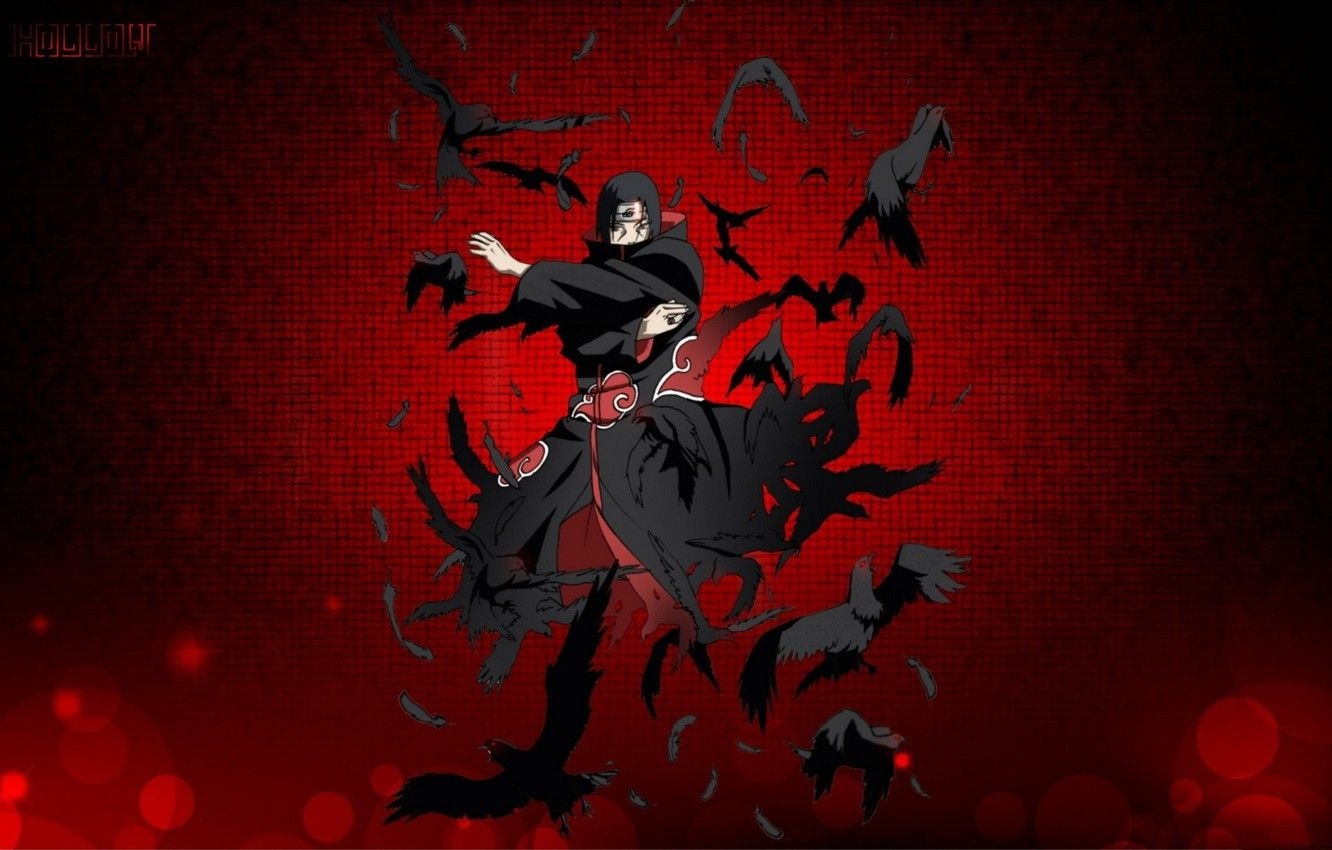 1340x850 Wallpaper hands, cloak, red eyes, akatsuki, sharingan, ninja, Itachi Uchiha, ninjutsu, Naruto Shippuden, the transformation, bandage on forehead, black crows image for desktop, section сёнэн, Desktop