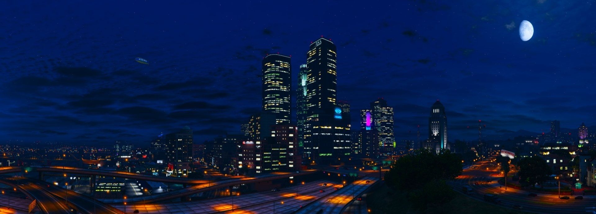 1920x700 Grand Theft Auto Grand Theft Auto V #City Los Santos #Moon #Night #Sky #Skyscraper P #wallpaper #hd. HD wallpaper, HD wallpaper for mobile, Grand theft auto, Dual Screen