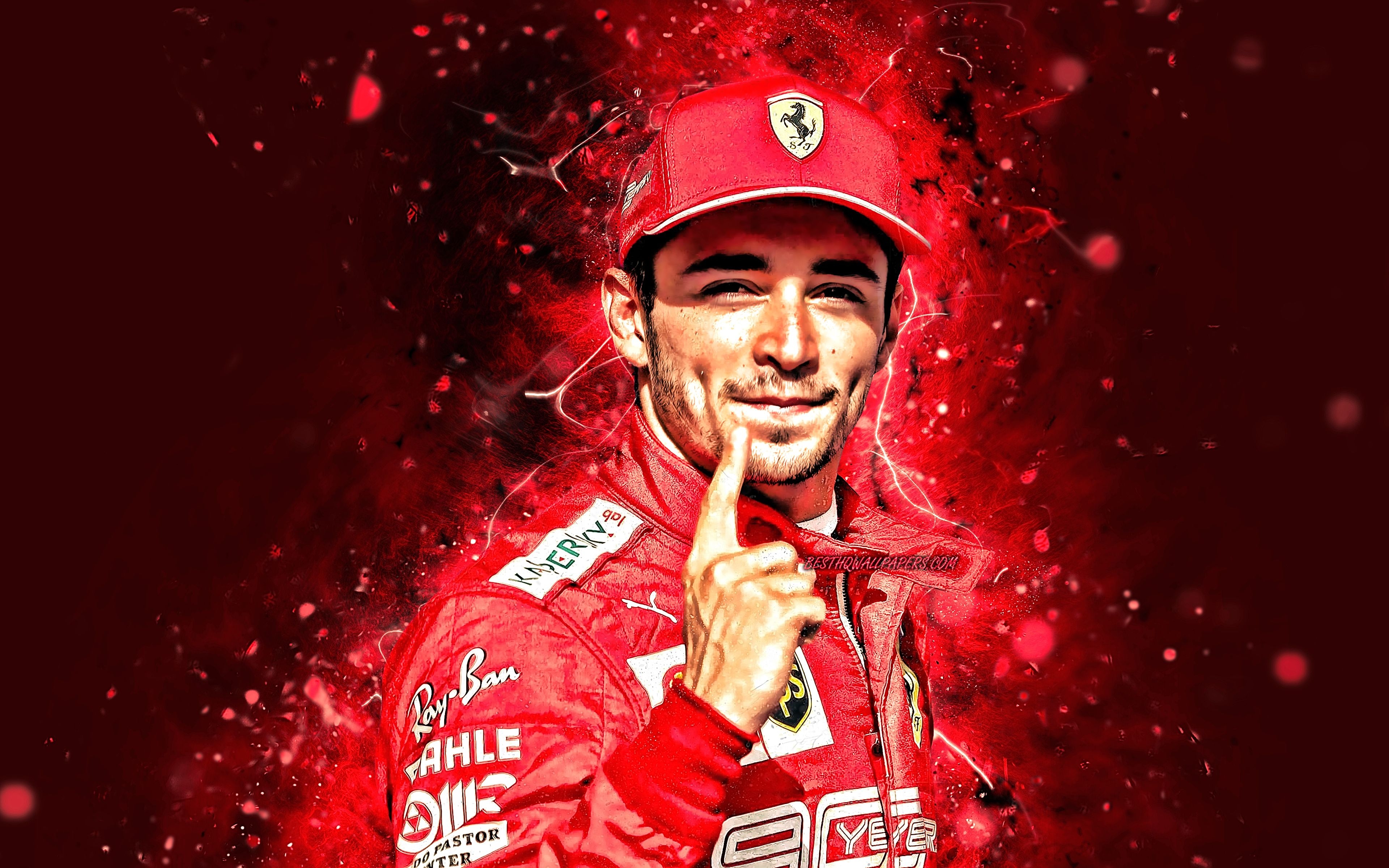 3840x2400 Download wallpaper 4k, Charles Leclerc, Scuderia Ferrari, thumbs up, monegasque racing drivers, red neon lights, Formula F1 F Ferrari, Leclerc Ferrari for desktop with resolution. High Quality HD picture wallpaper, Desktop