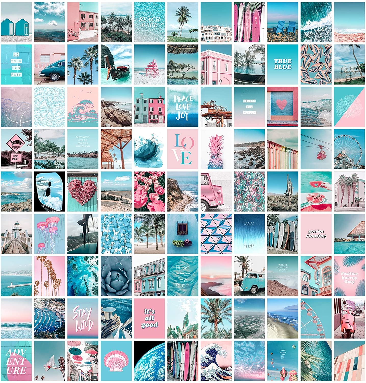 1440x1500 Blue Aesthetic Wall Collage Kit, 100 Set 4x6 inch, Pink VSCO Room Decor for Teen Girls, Summer Beach Wall Art Print, Dorm Photo Collection, Small Posters for Room Aesthetic: Posters, Phone