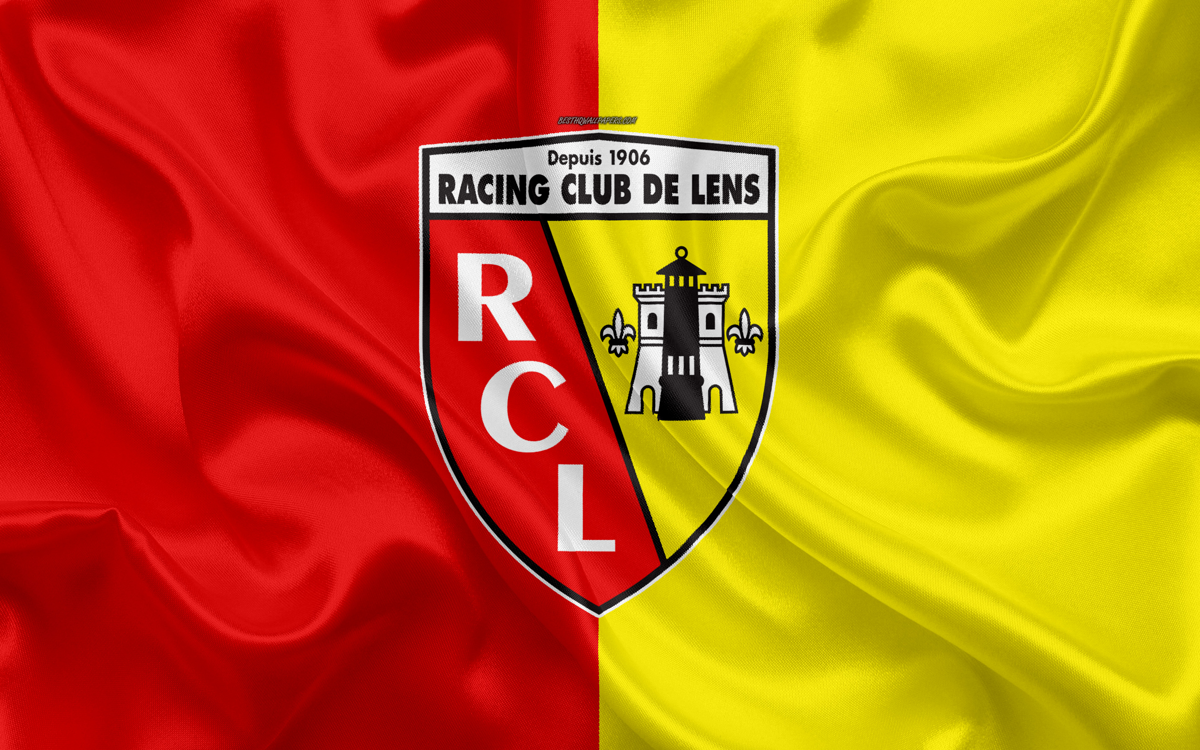 3840x2400 Download wallpaper RC Lens, 4k, silk texture, logo, red yellow silk flag, French football club, emblem, Ligue Lance, France, football, Lens FC for desktop with resolution. High Quality HD picture, Desktop