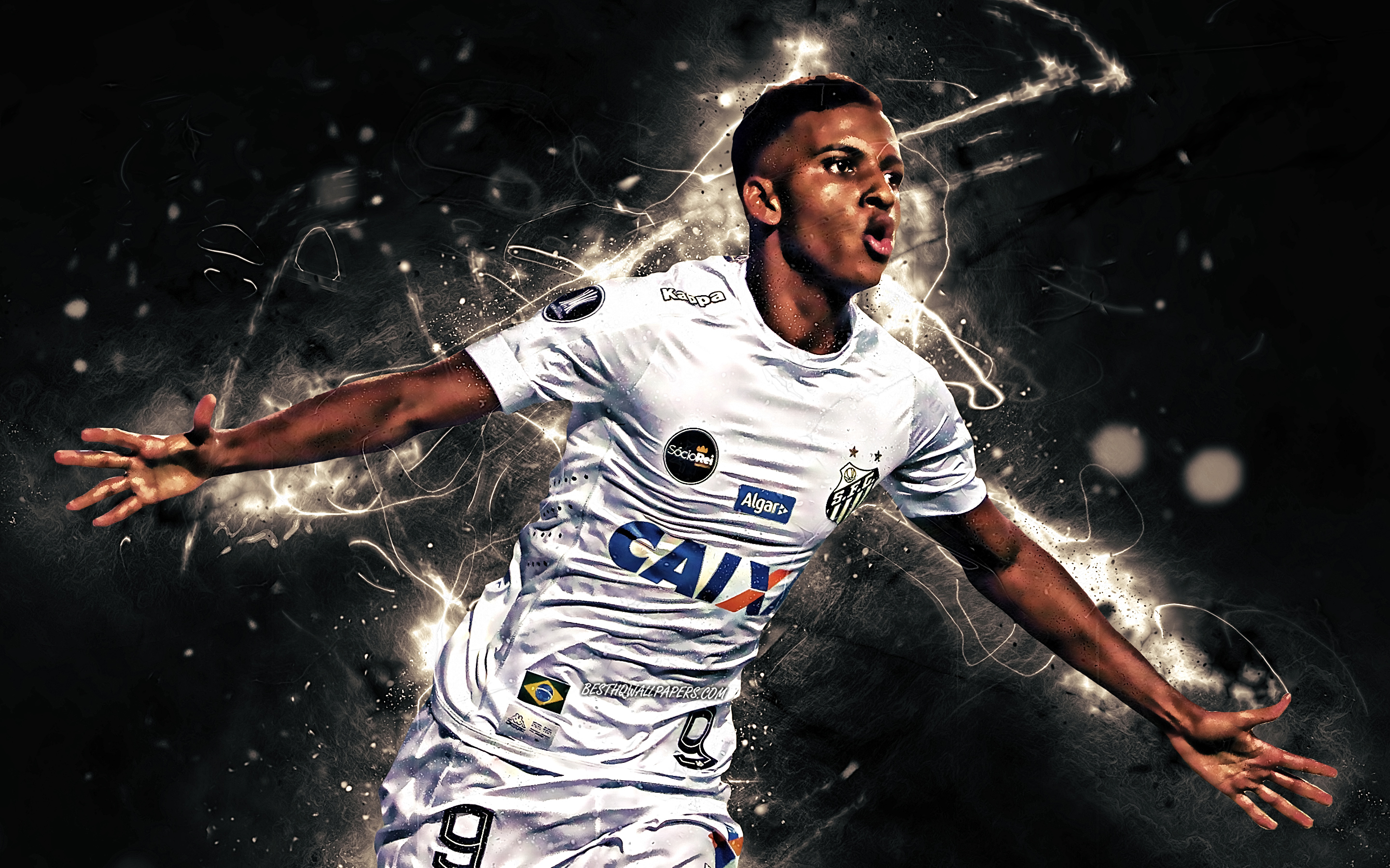 2880x1800 Download wallpaper Rodrygo, goal, brazilian footballers, Santos FC, soccer, Brazilian Serie A, Rodrygo Goes, football, neon lights, SFC for desktop with resolution. High Quality HD picture wallpaper, Desktop