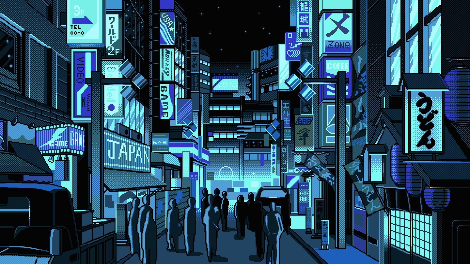 1920x1080 Japan buildings animated illustration, Japan, pixel art, street, people HD wallpaper, Desktop