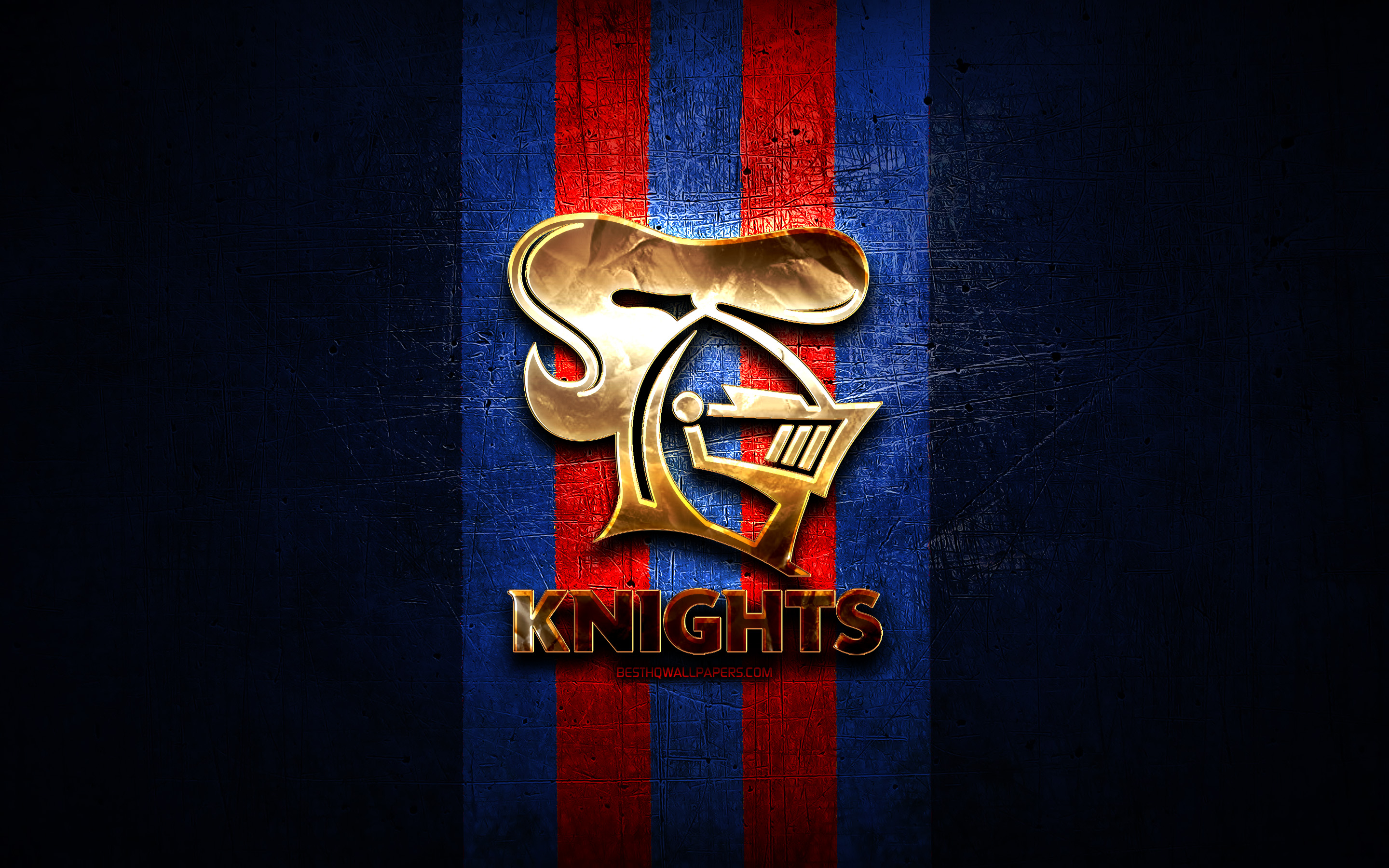 2880x1800 Download wallpaper Newcastle Knights, golden logo, National Rugby League, blue metal background, australian rugby club, Newcastle Knights logo, rugby, NRL for desktop with resolution. High Quality HD picture wallpaper, Desktop