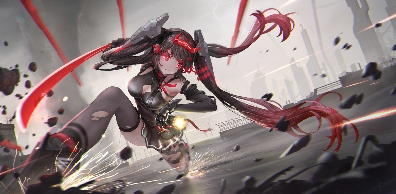 1500x740 black_hair jay_xu lucia_(punishing:_gray_raven) punishing:_gray_raven red_eyes sword techgirl thighh. Bleach characters, Nightcore, Punishment, Dual Screen