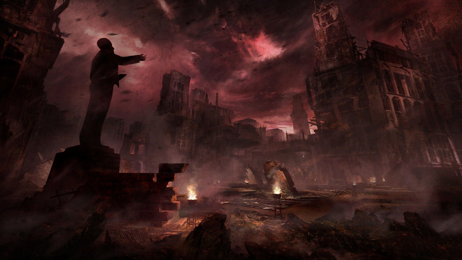 1920x1080 Wallpaper, video games, city, apocalyptic, concept art, statue, midnight, The Secret World, darkness, screenshot, computer wallpaper, geological phenomenon, Desktop